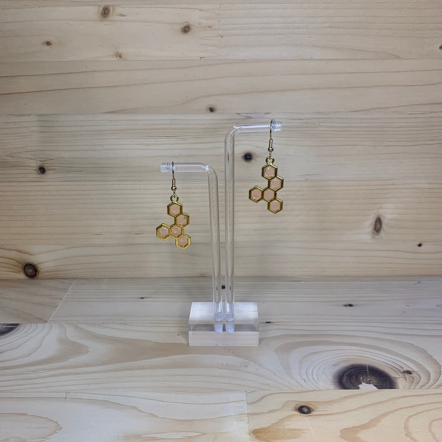 Five Gold Honeycomb Earrings - Light Pink