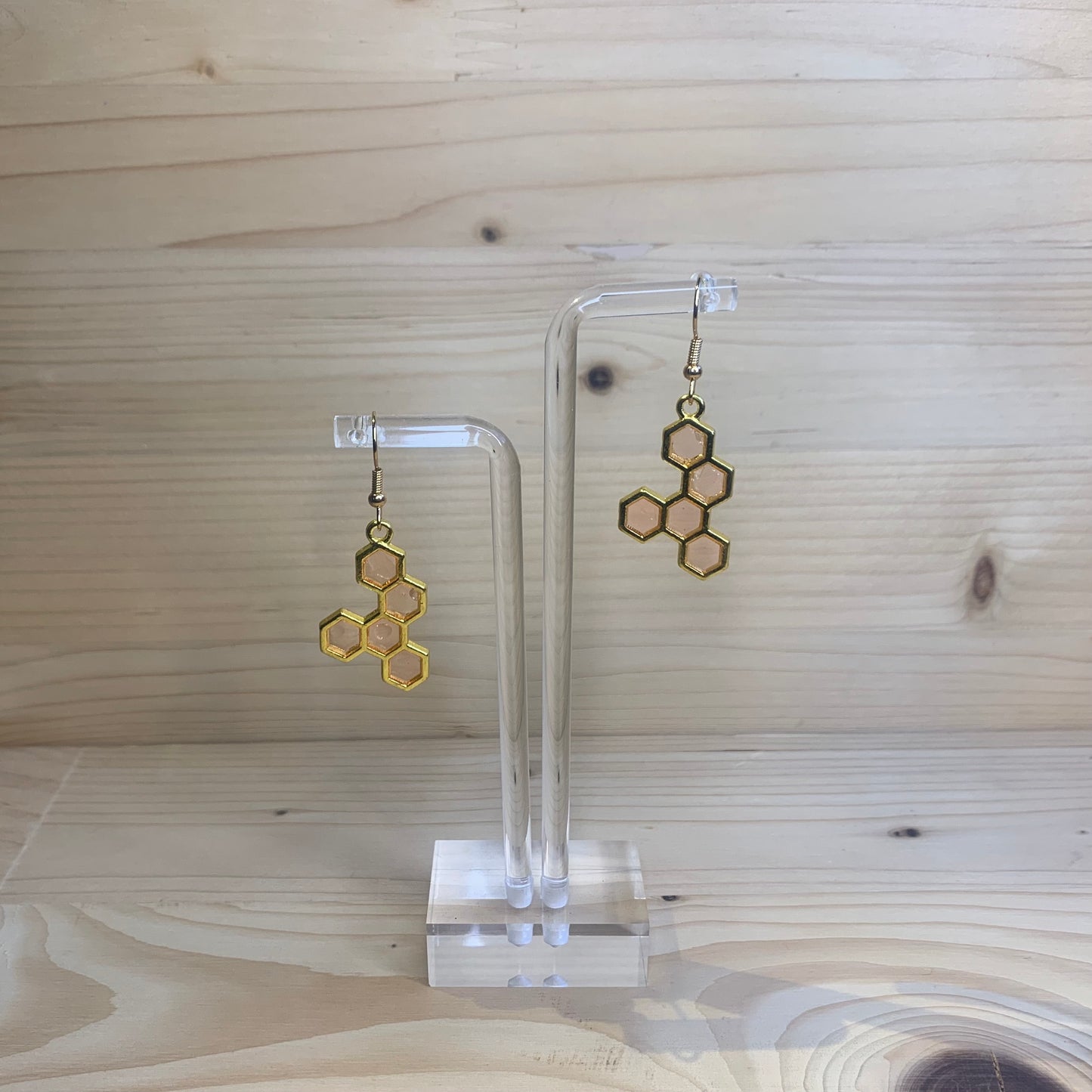 Five Gold Honeycomb Earrings - Light Pink