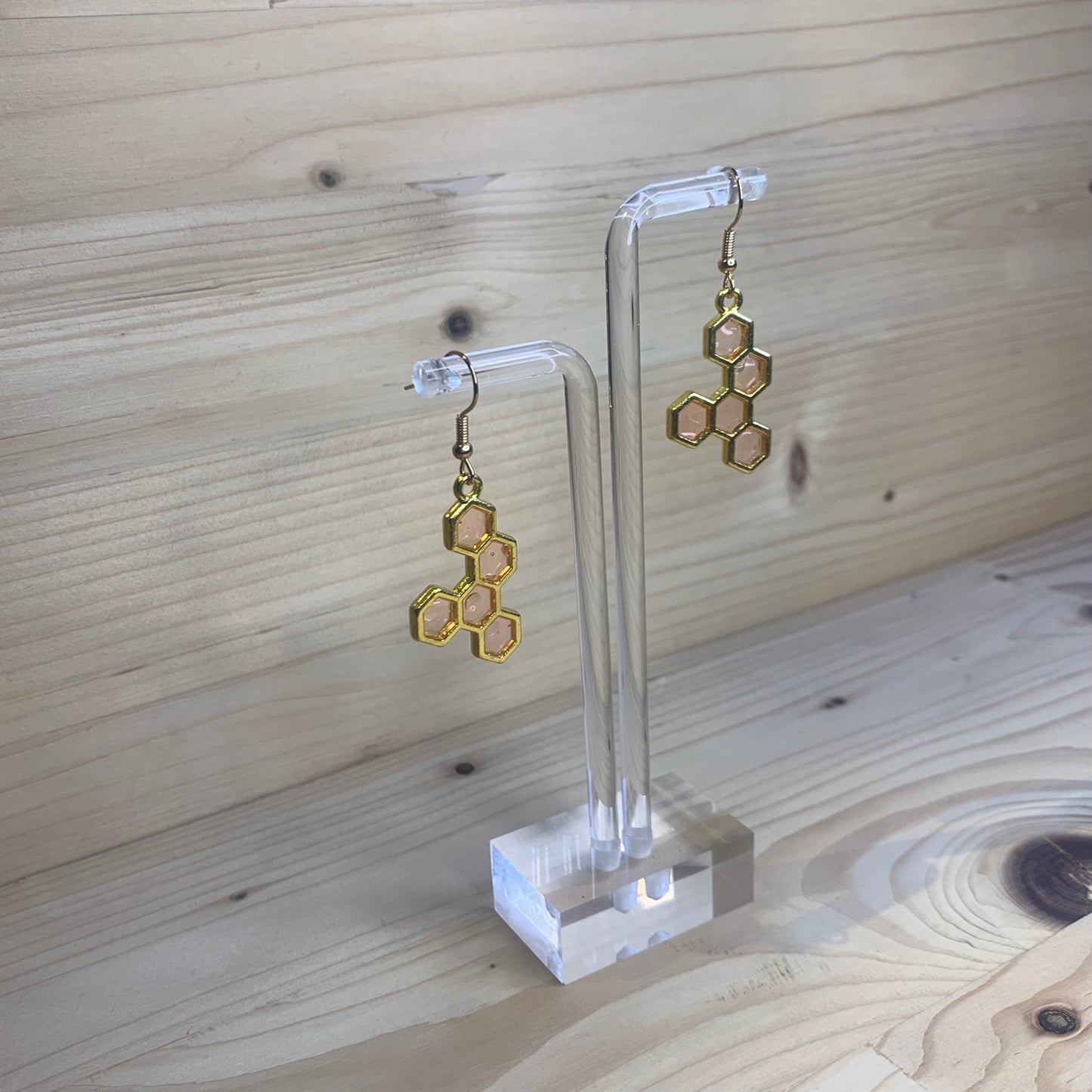 Five Gold Honeycomb Earrings - Light Pink