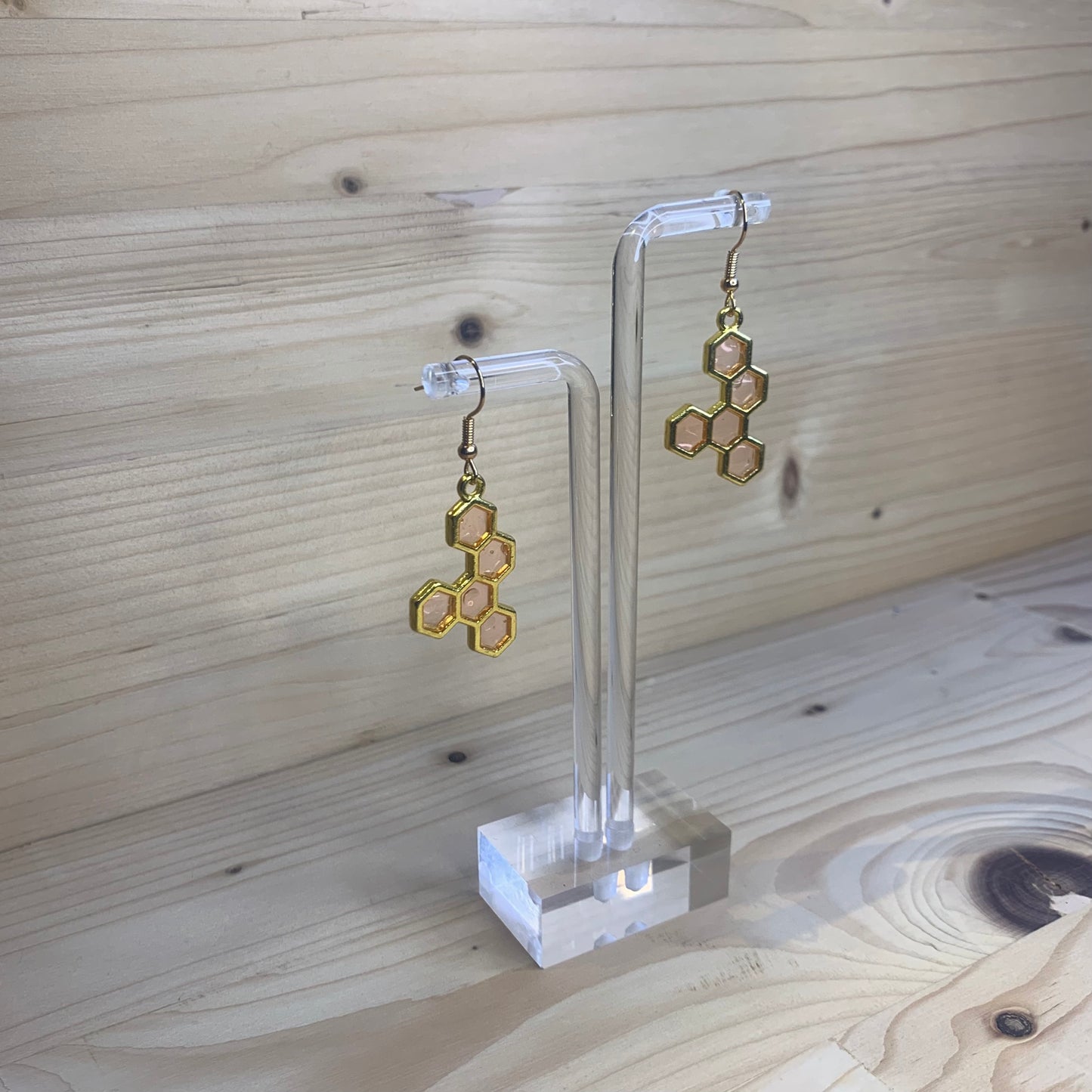 Five Gold Honeycomb Earrings - Light Pink