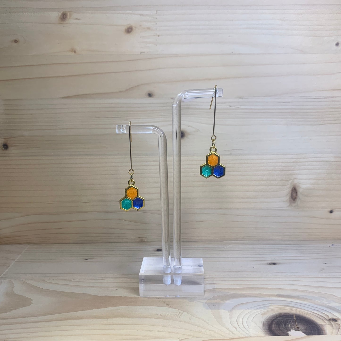 Three Gold Honeycomb Earrings - Blue, Orange and Green