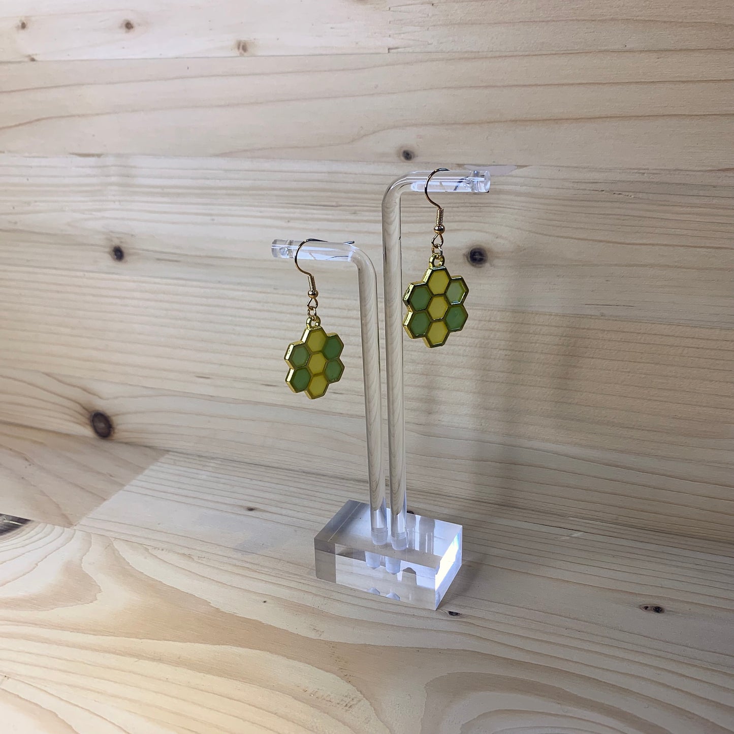 Six Gold Honeycomb Earrings - Green and Yellow