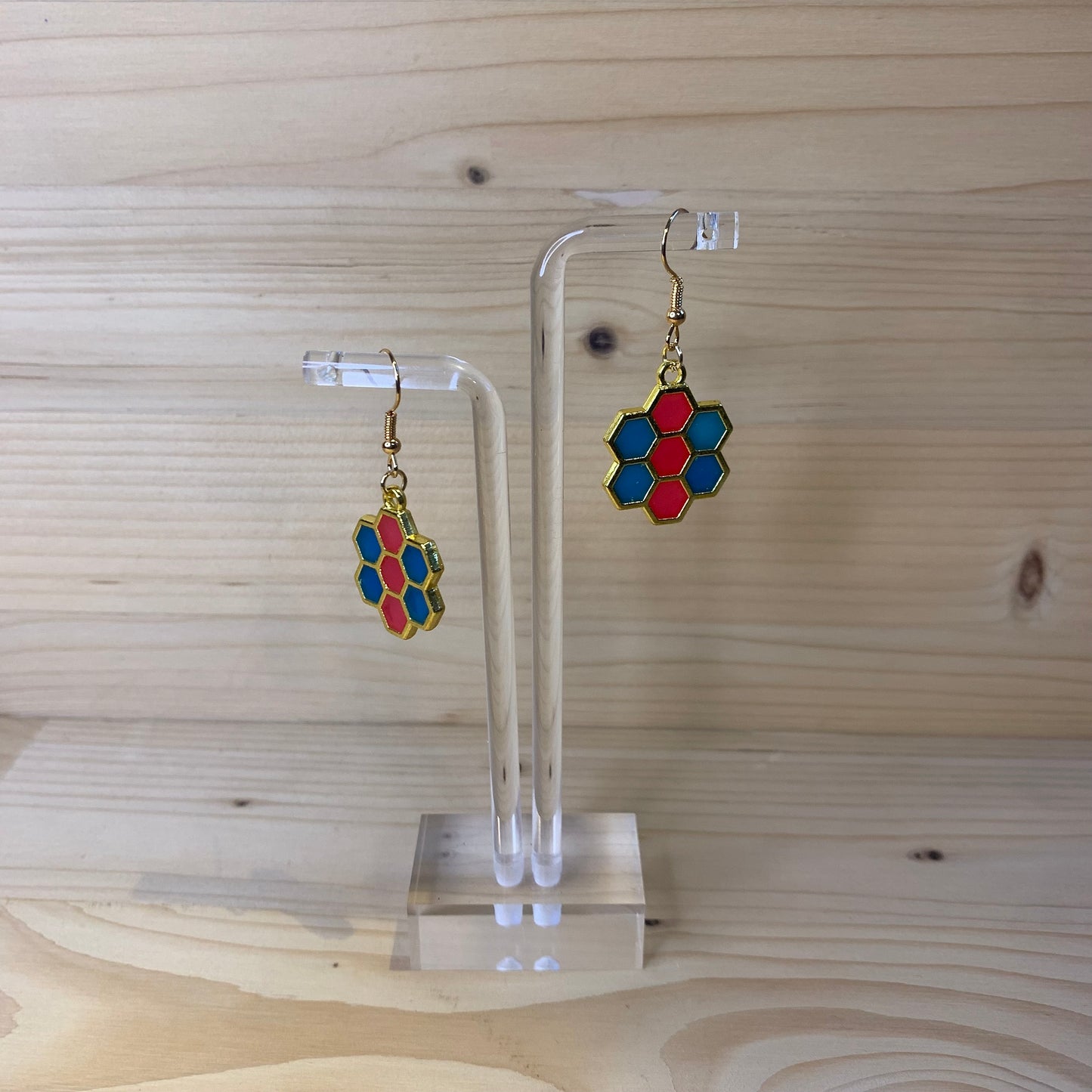 Six Gold Honeycomb Earrings - Pink and Blue