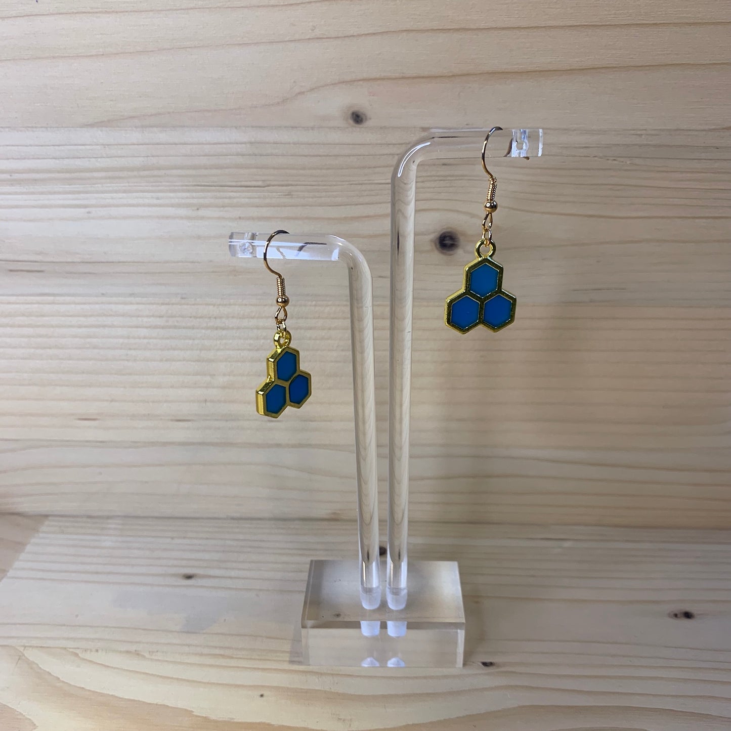 Three Gold Honeycomb Earrings - Blue