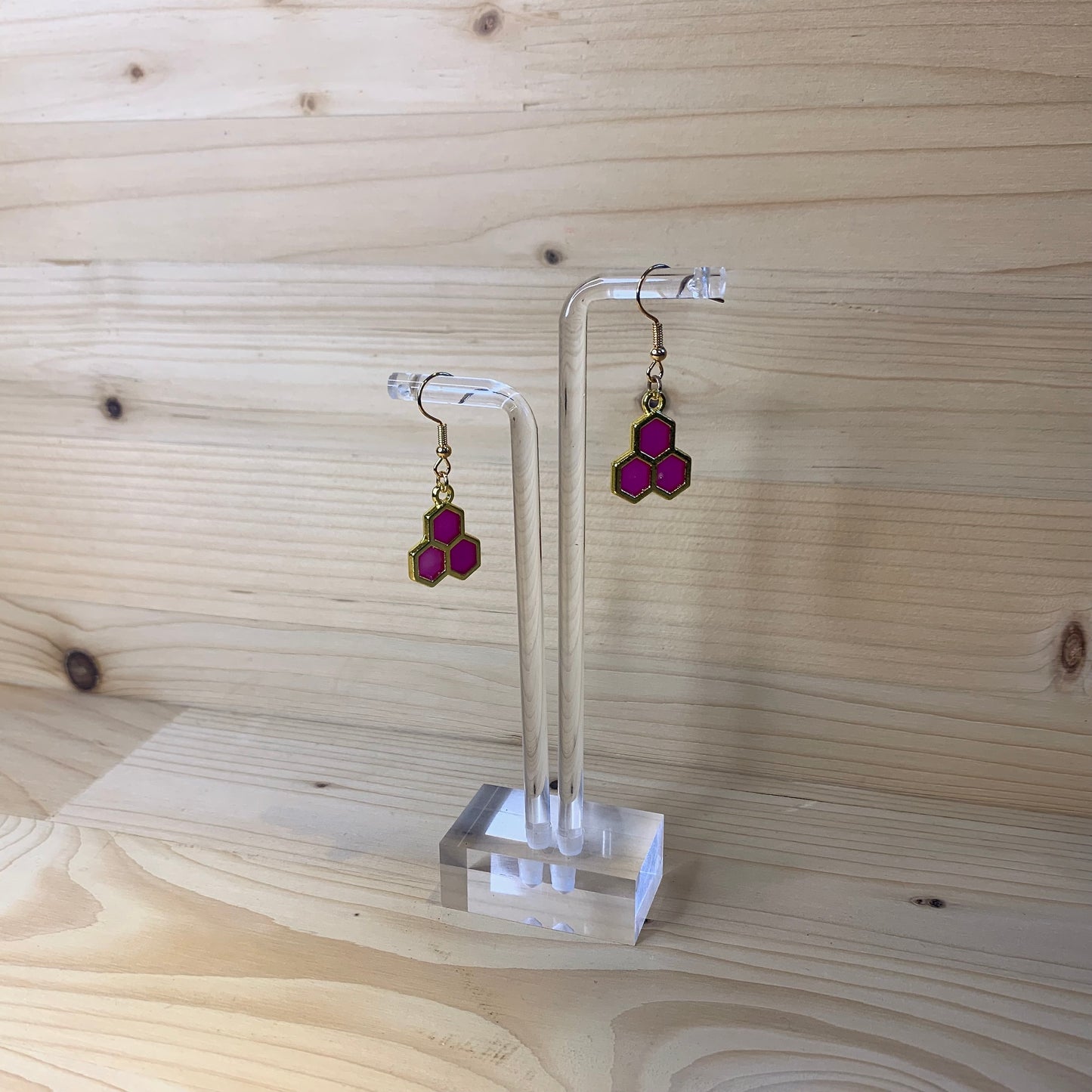 Three Gold Honeycomb Earrings - Hot Pink