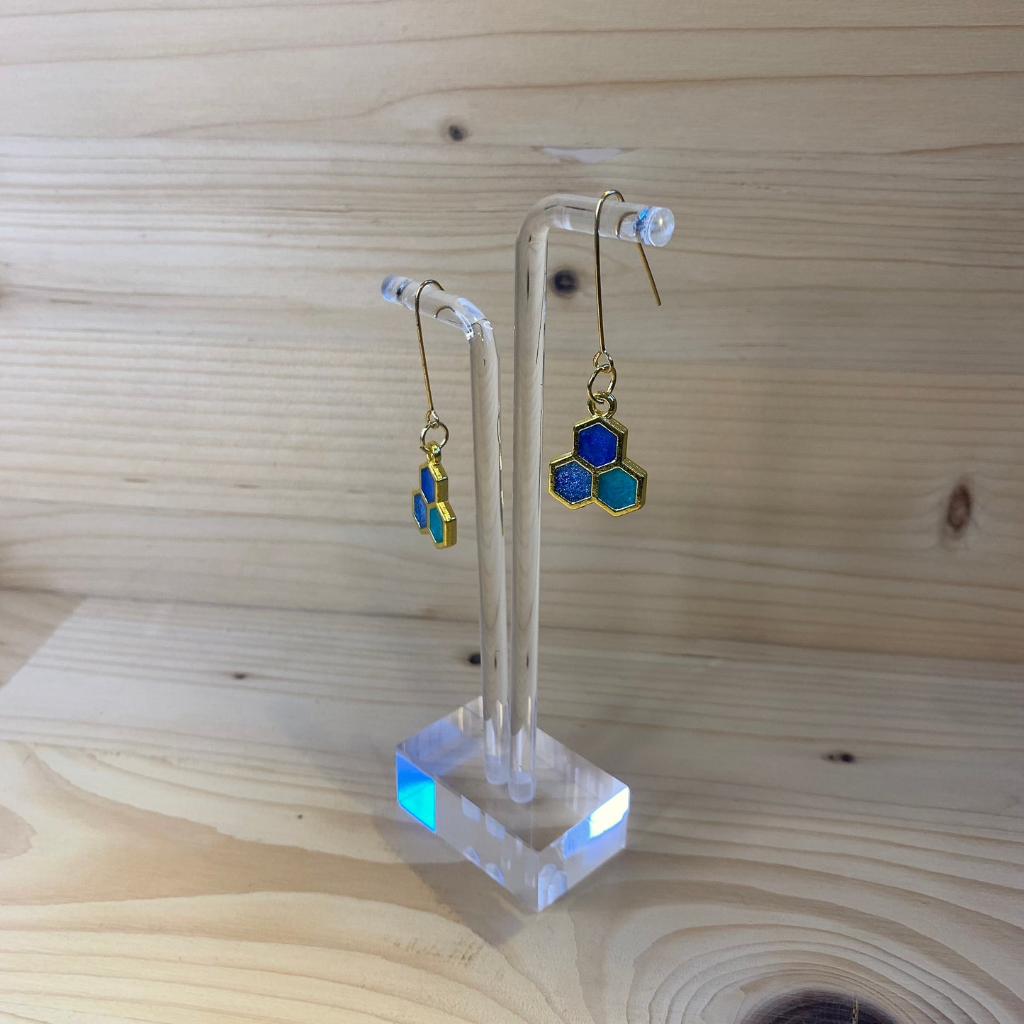 Three Gold Honeycomb Earrings - Shades of Blue