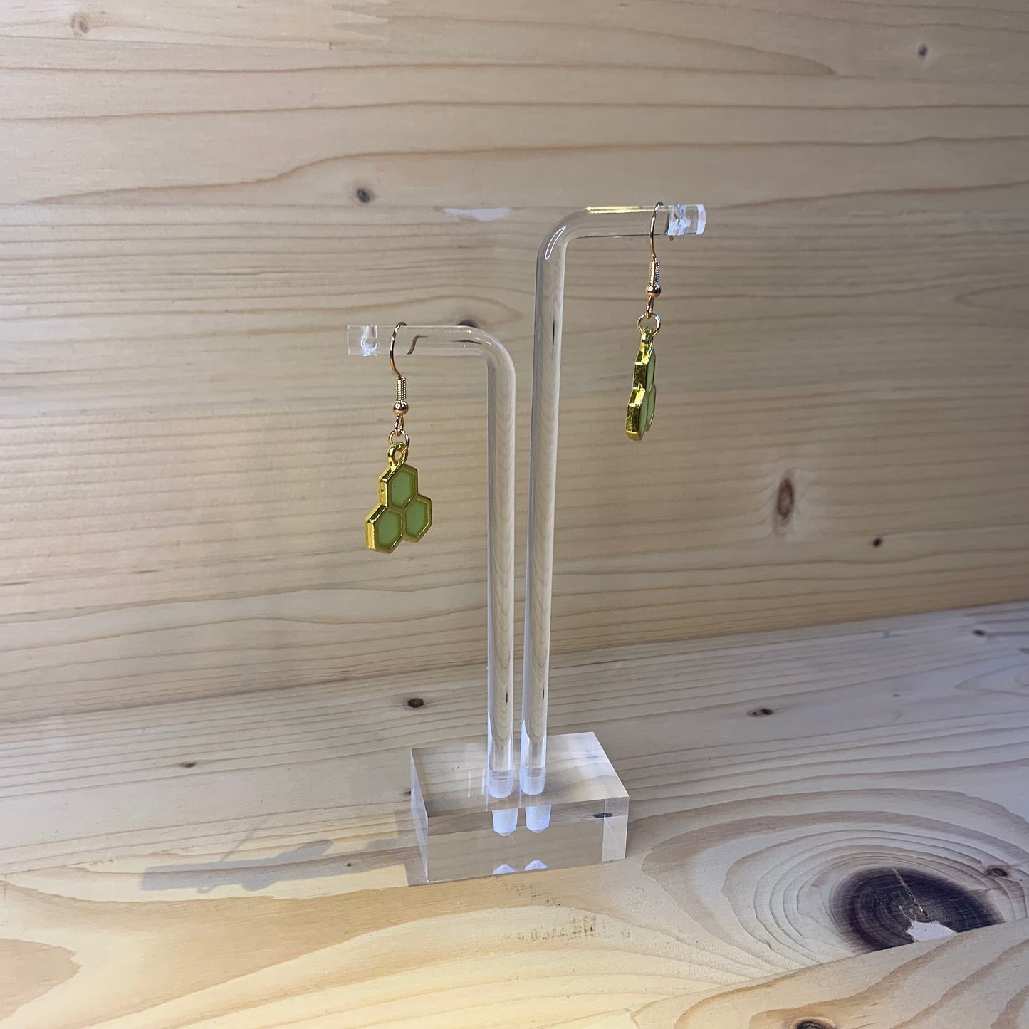 Three Gold Honeycomb Earrings - Light Green