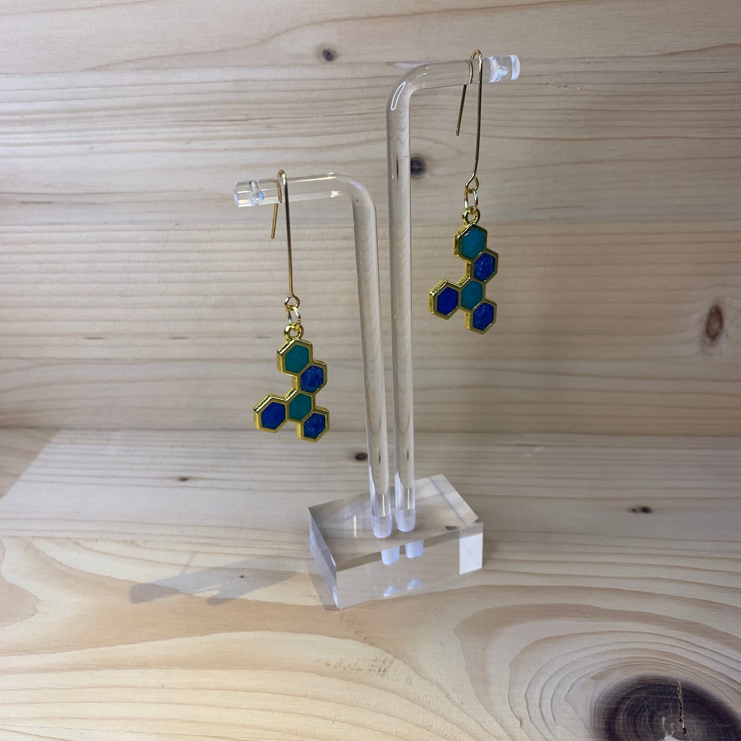 Five Gold Honeycomb Earrings - Shades of Blue