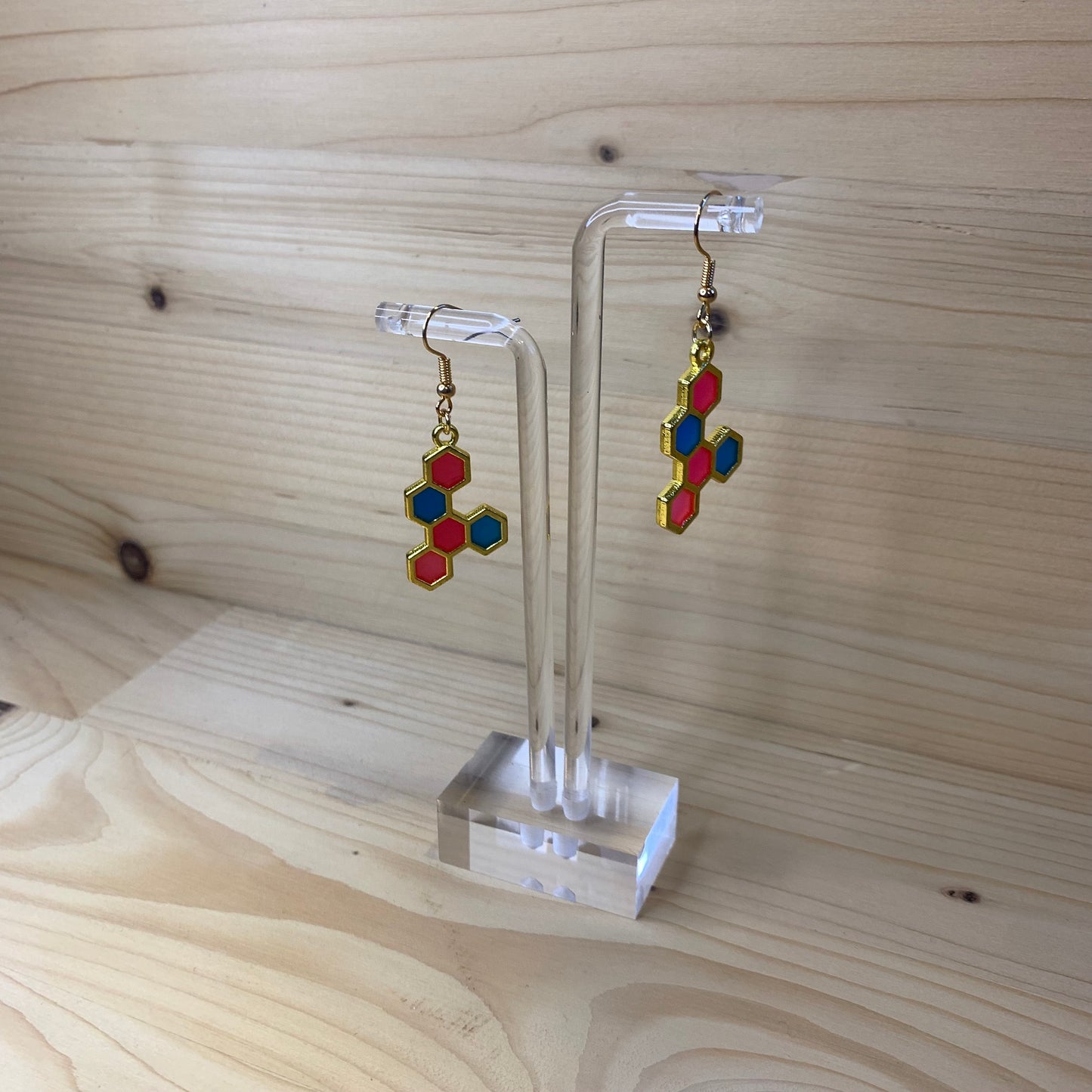 Five Gold Honeycomb Earrings - Pink and Blue