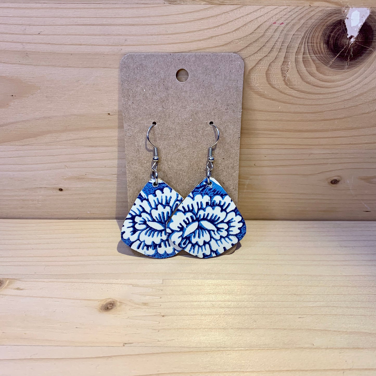 Wood Based Earrings - Blue & White Flowers