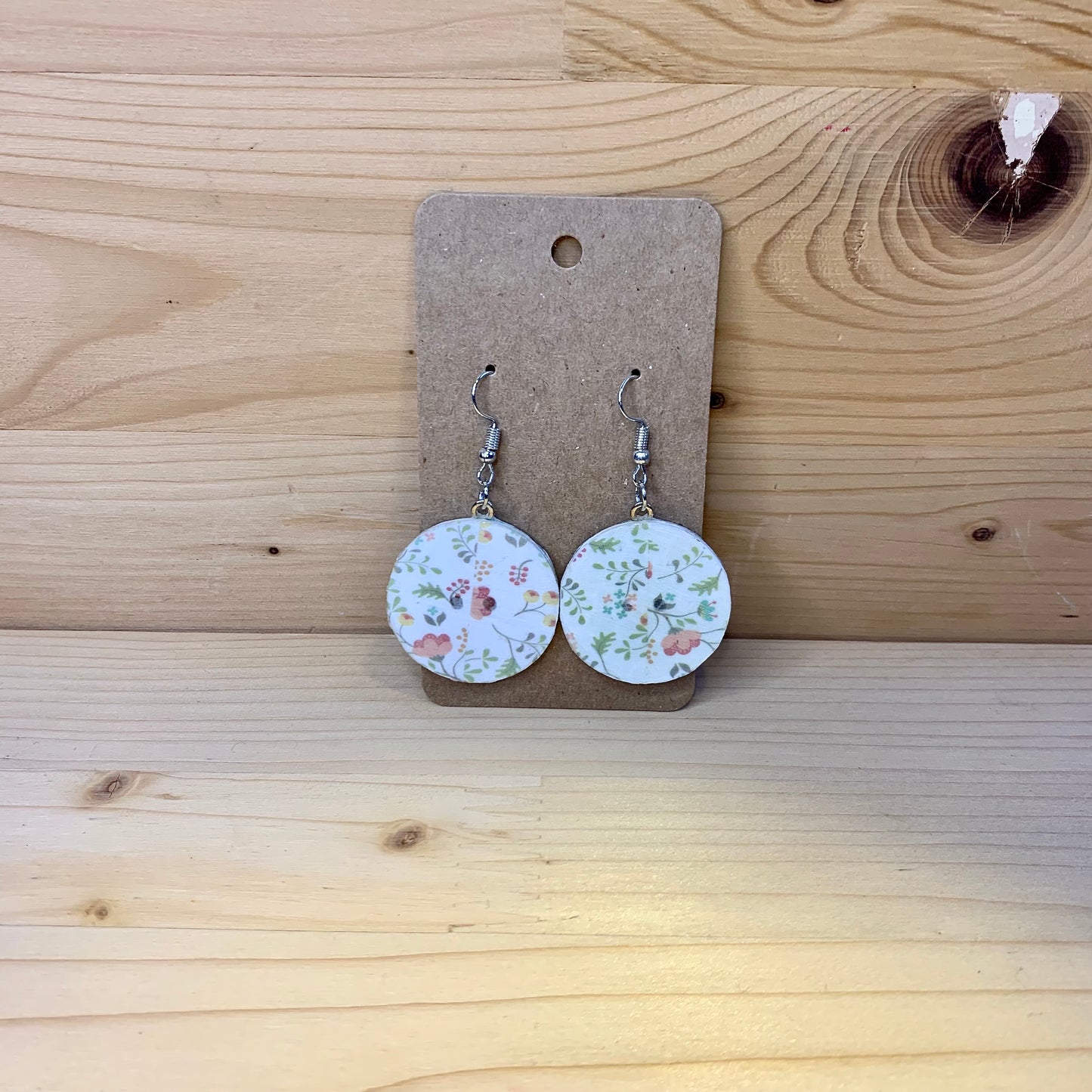 Wood Based Earrings - Floral Washi Tape on Button