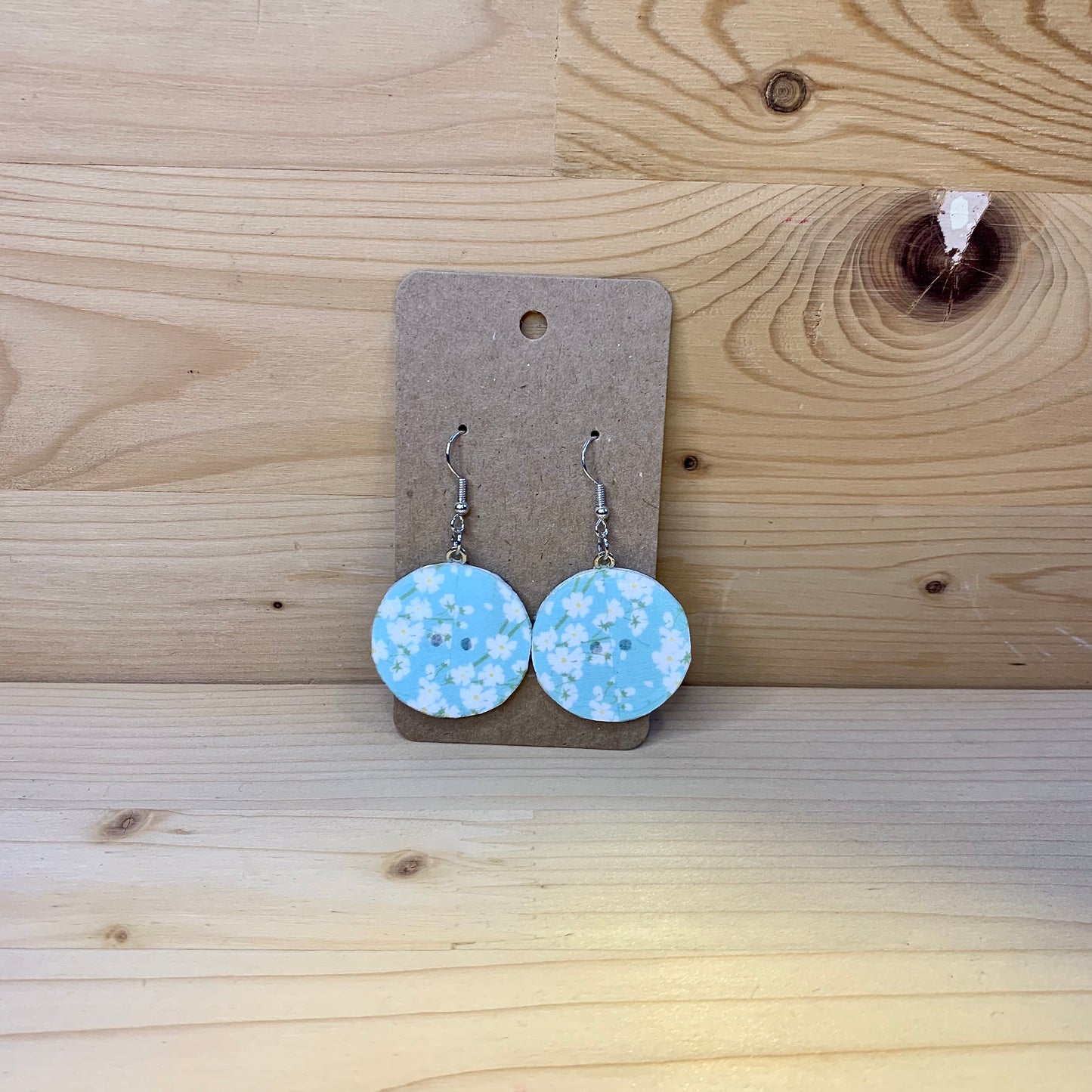 Wood Based Earrings - White Flowers Washi Tape on Button