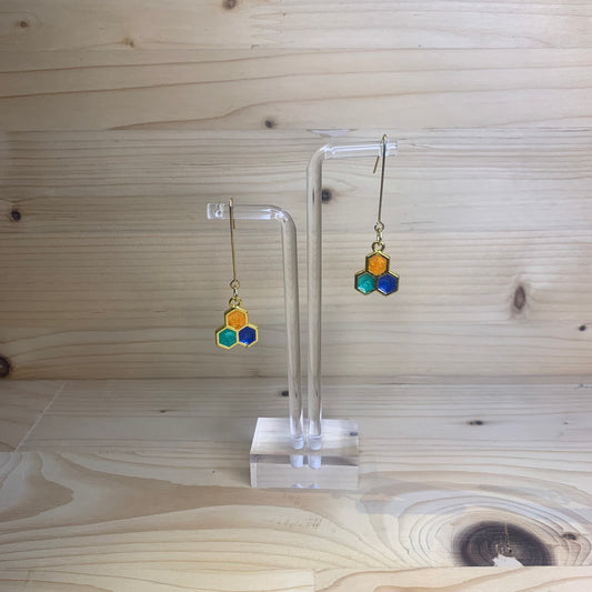 Three Gold Honeycomb Earrings  - Blue, Orange and Green