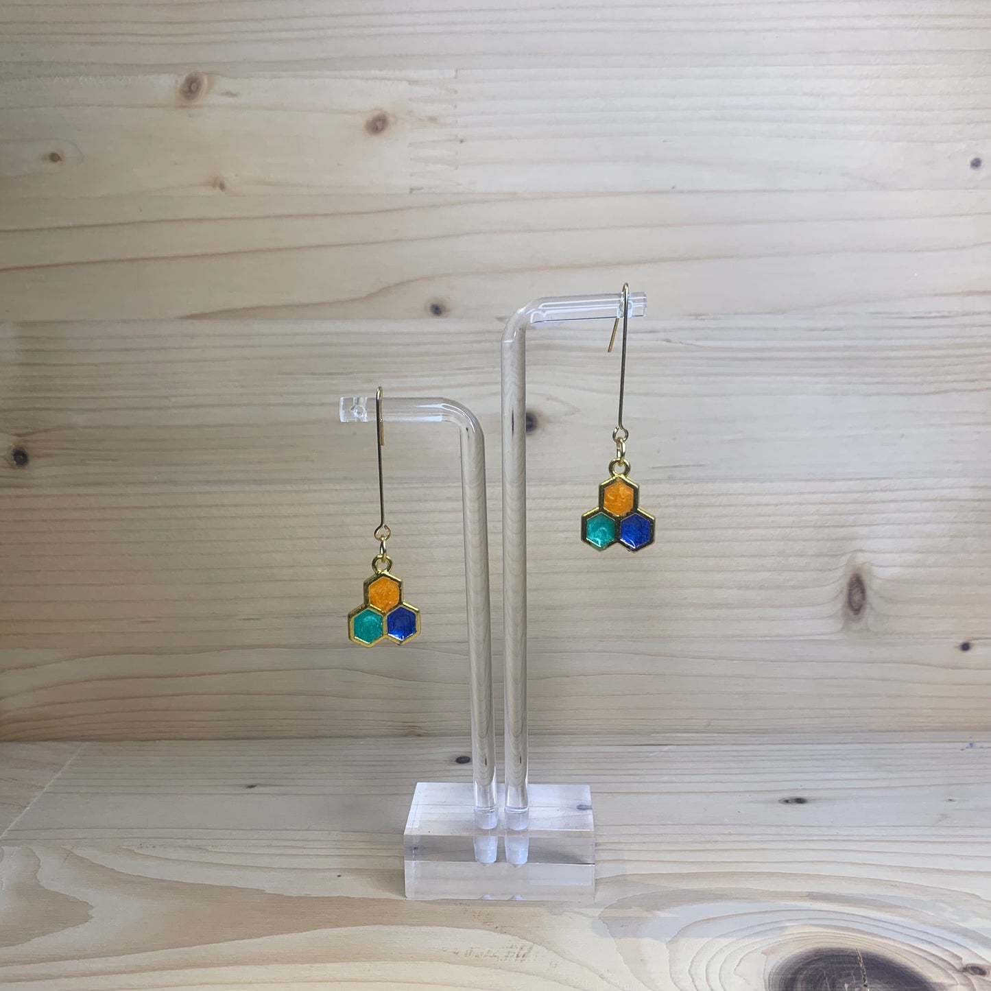 Three Gold Honeycomb Earrings  - Blue, Orange and Green