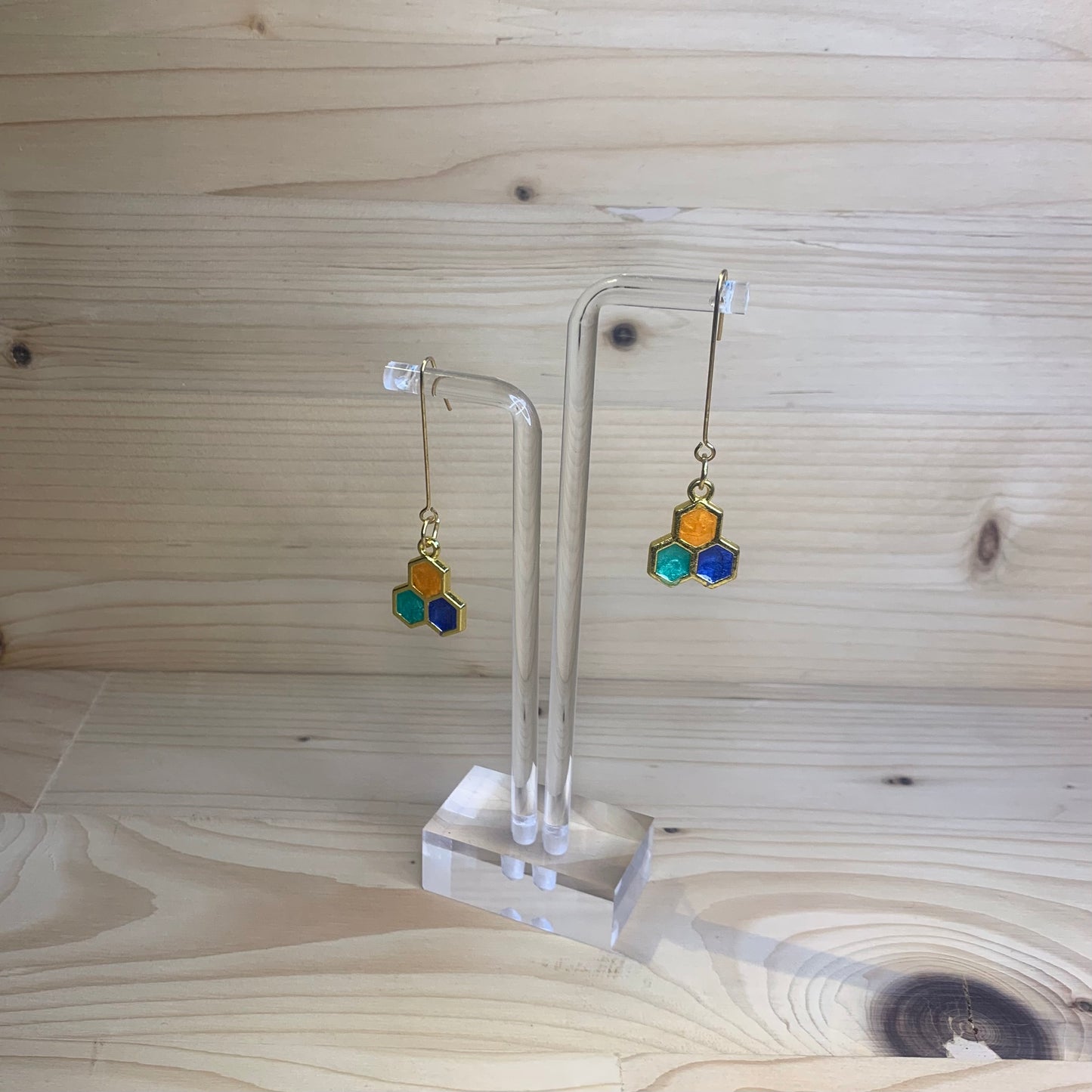 Three Gold Honeycomb Earrings  - Blue, Orange and Green