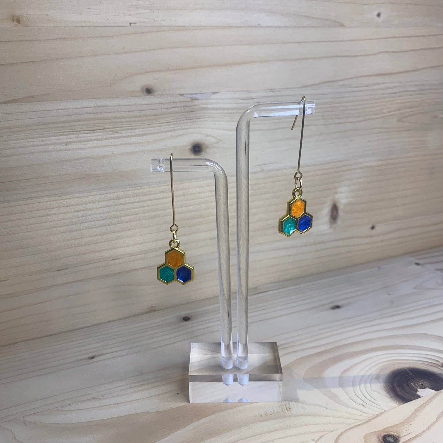 Three Gold Honeycomb Earrings  - Blue, Orange and Green