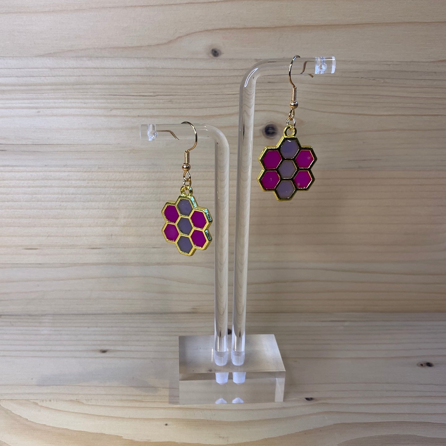 Six Gold Honeycomb Earrings - Pink and Purple