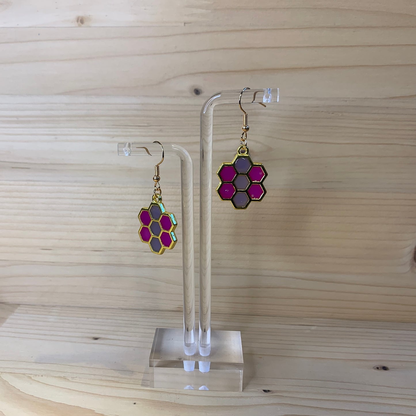 Six Gold Honeycomb Earrings - Pink and Purple