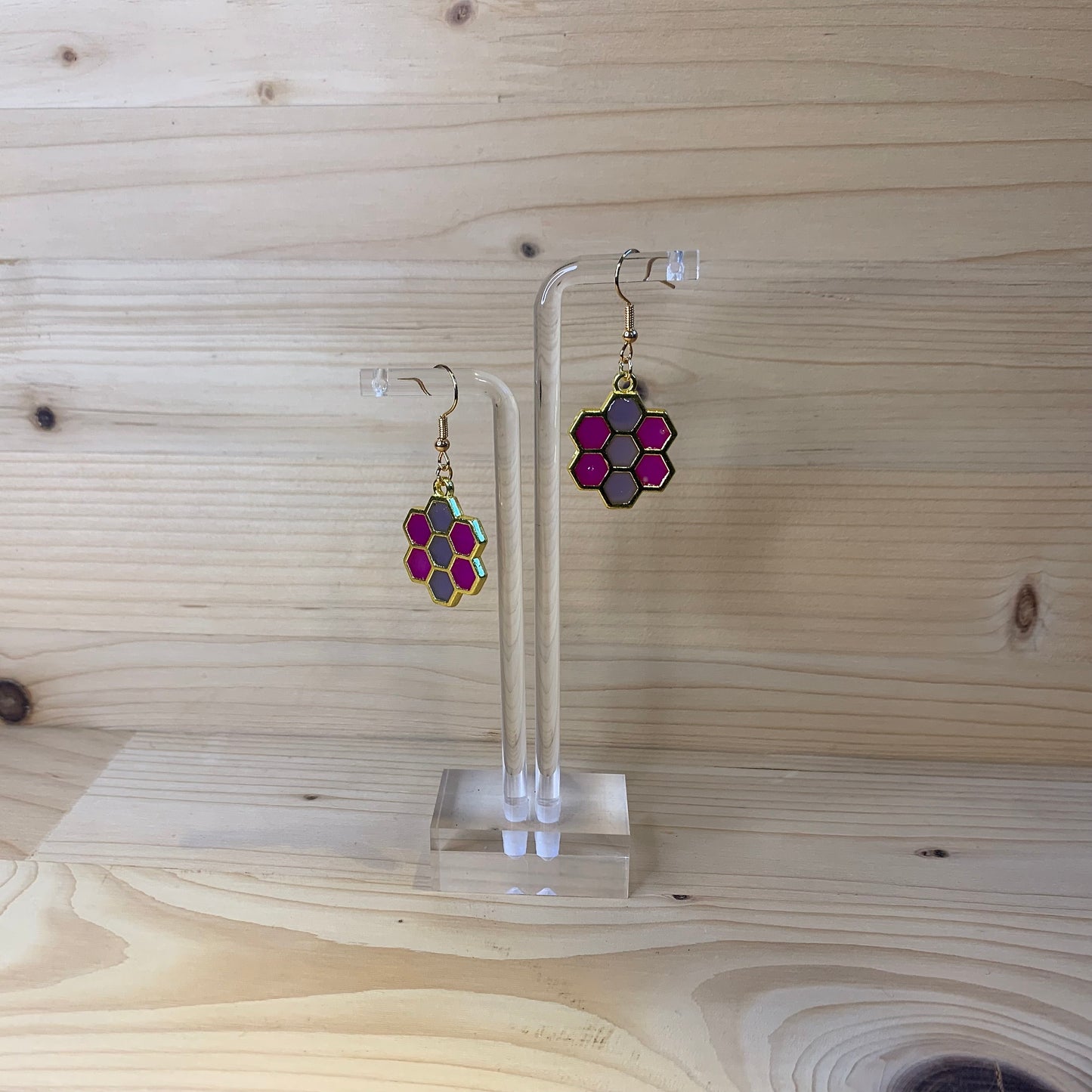 Six Gold Honeycomb Earrings - Pink and Purple