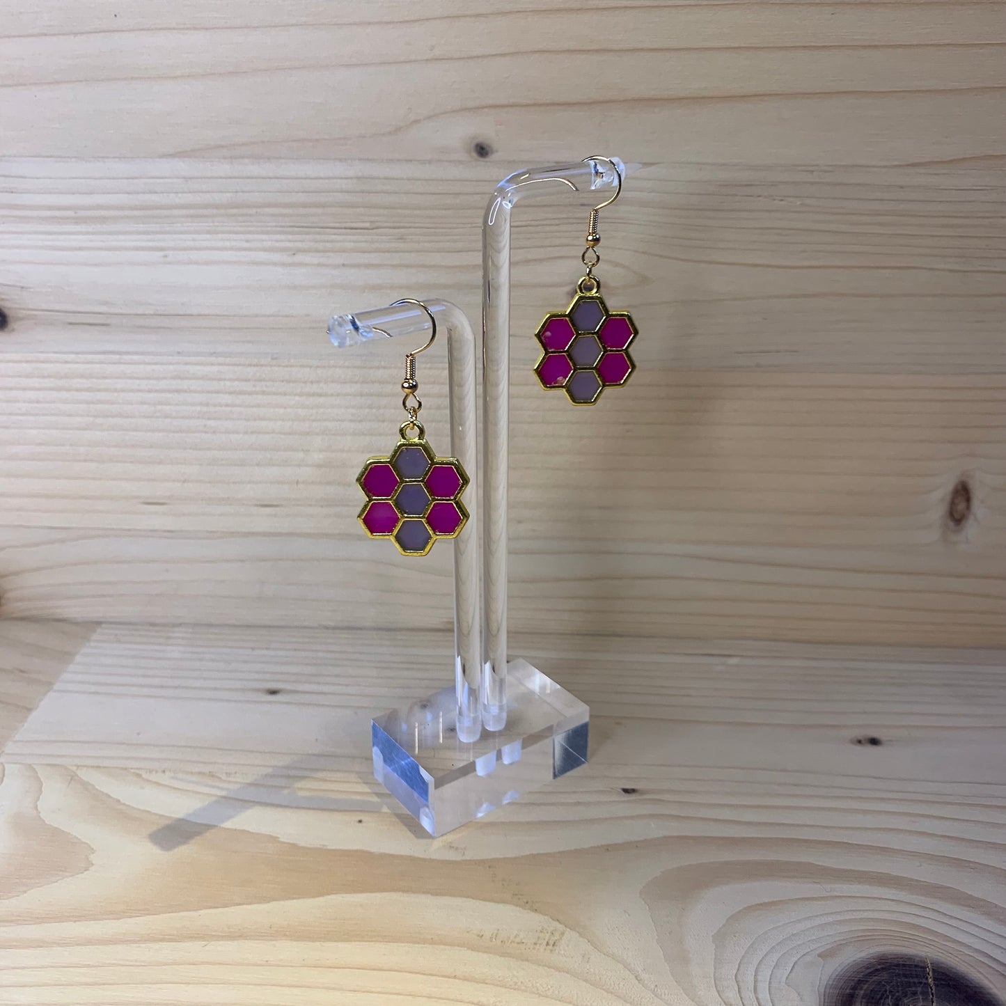 Six Gold Honeycomb Earrings - Pink and Purple