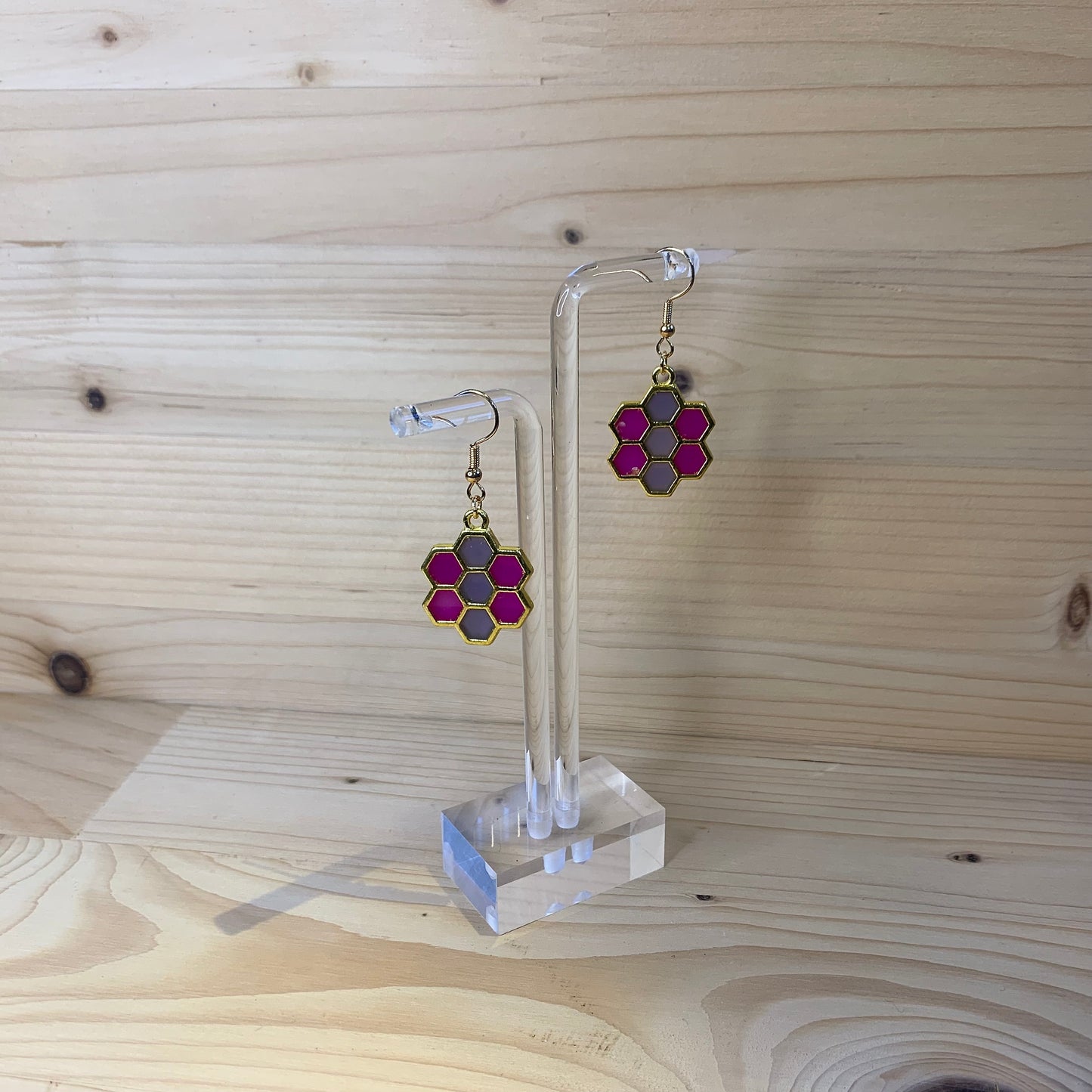 Six Gold Honeycomb Earrings - Pink and Purple