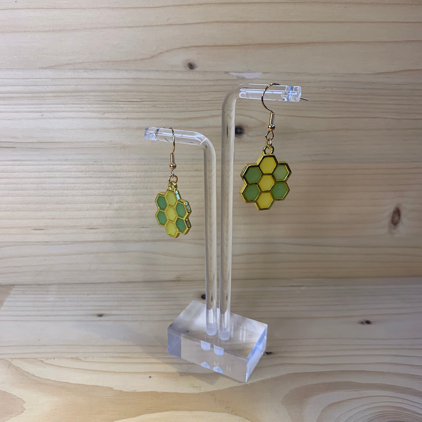 Six Gold Honeycomb Earrings - Green and Yellow