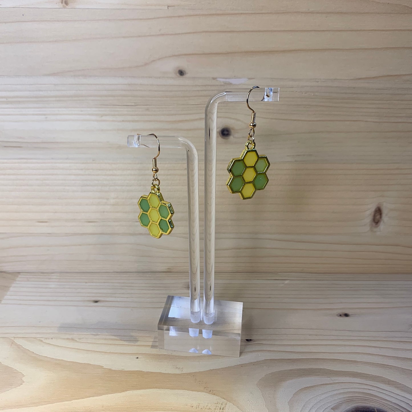 Six Gold Honeycomb Earrings - Green and Yellow