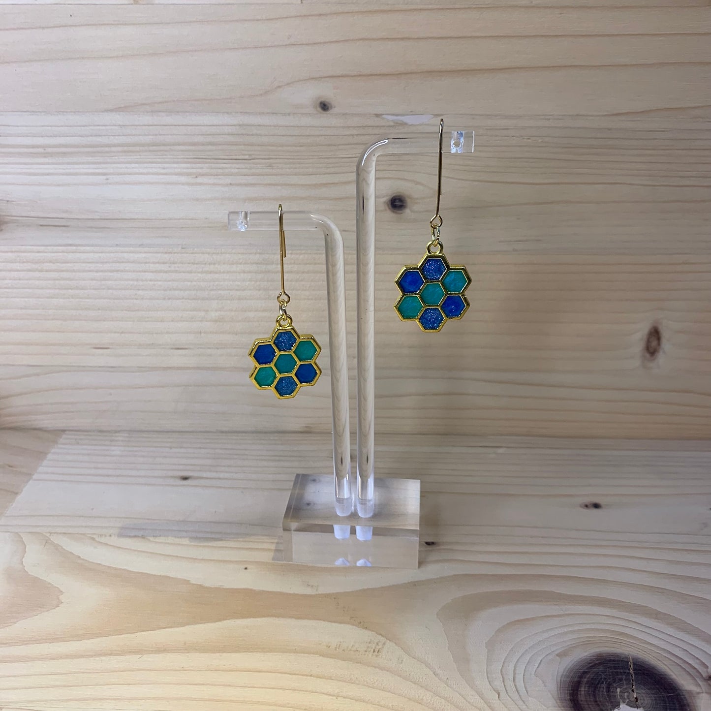 Six Gold Honeycomb Earrings - Shades of Blue