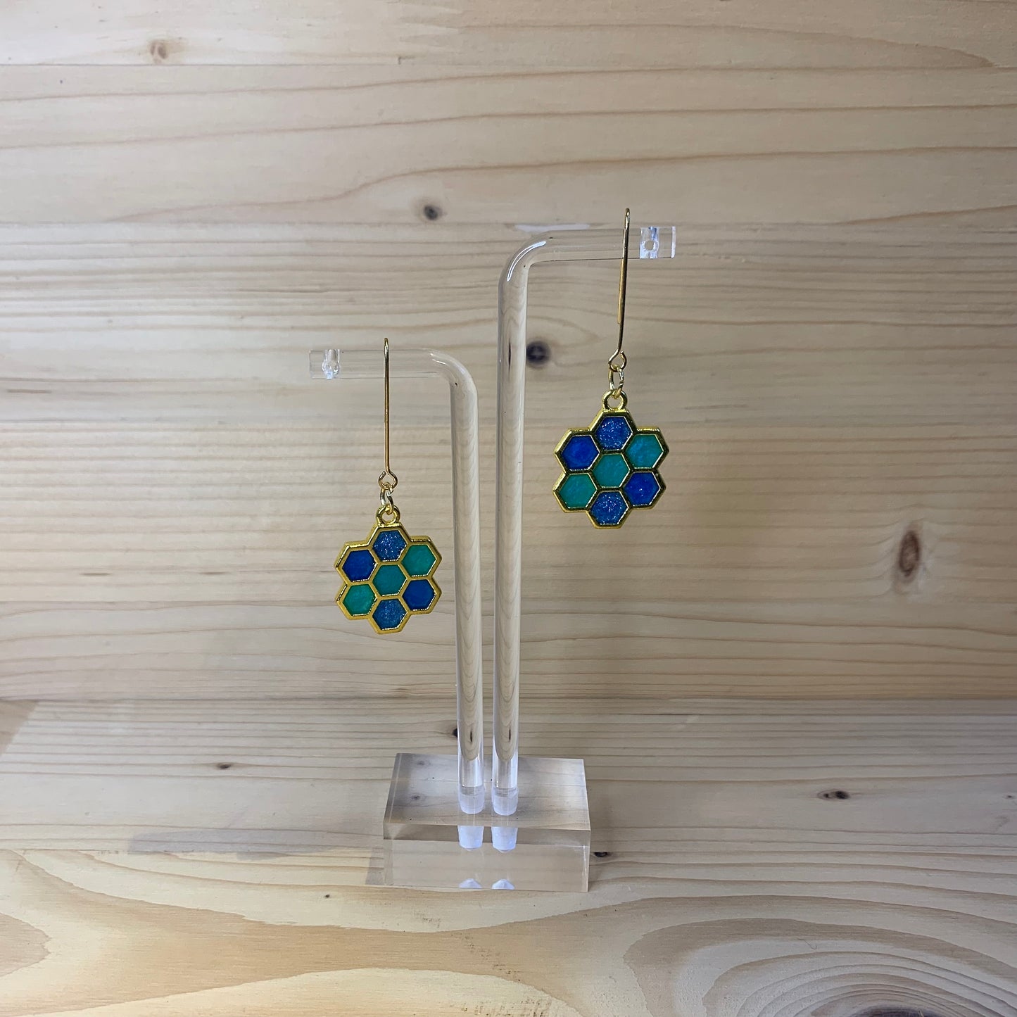 Six Gold Honeycomb Earrings - Shades of Blue