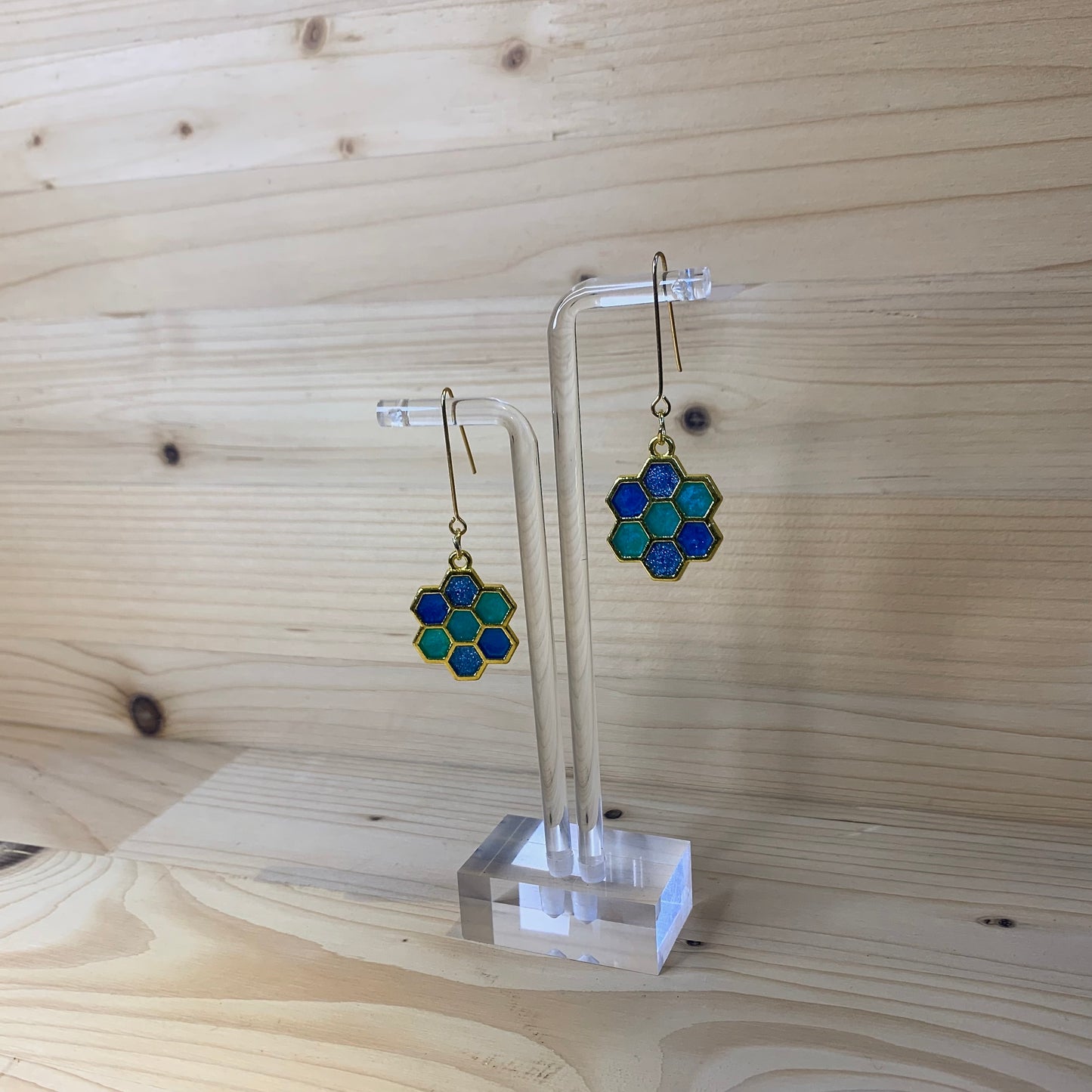 Six Gold Honeycomb Earrings - Shades of Blue