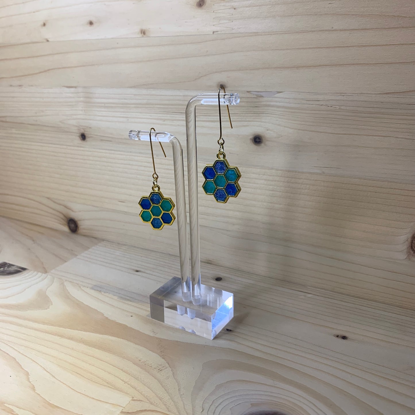 Six Gold Honeycomb Earrings - Shades of Blue