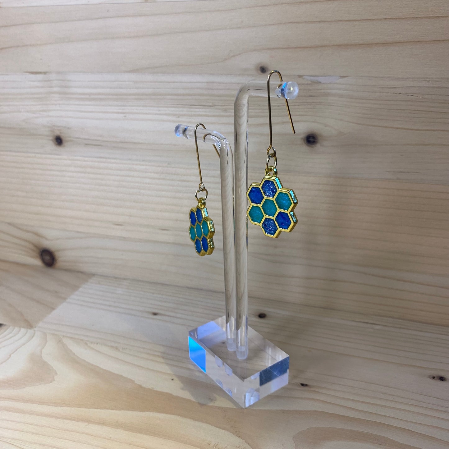 Six Gold Honeycomb Earrings - Shades of Blue