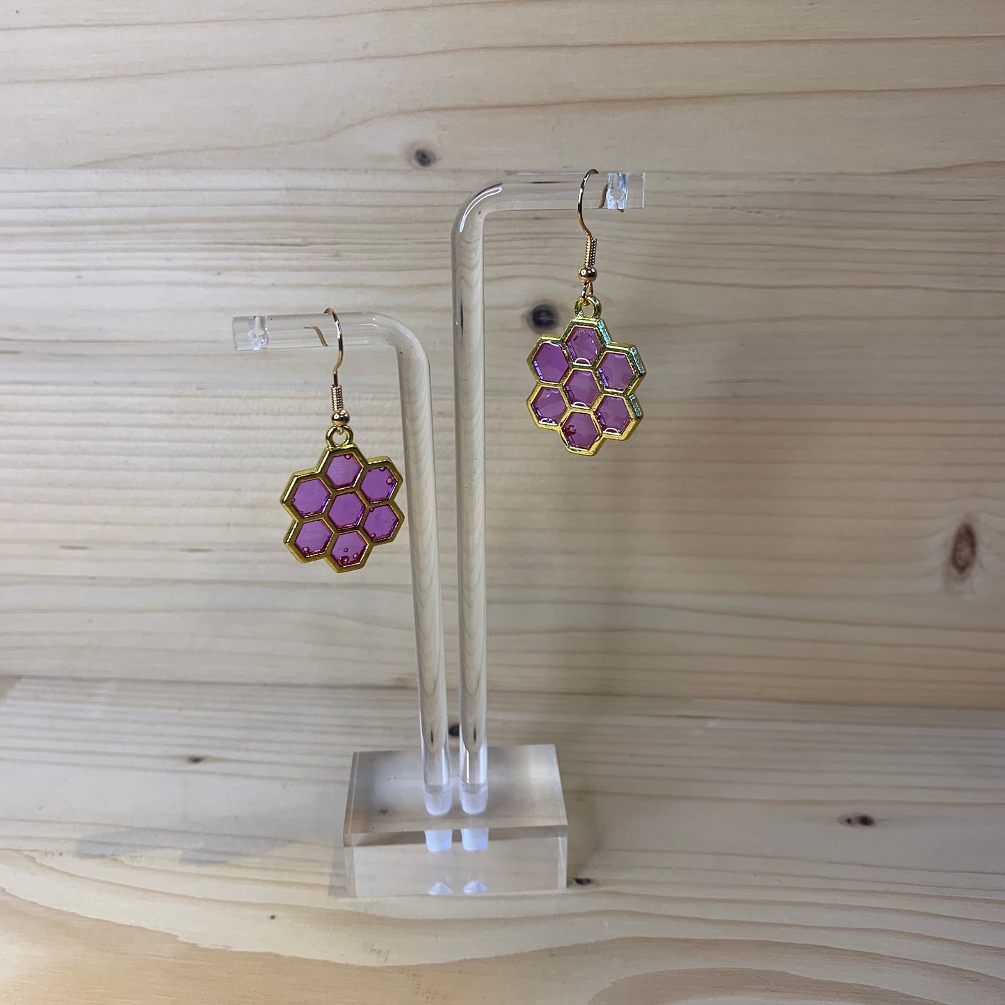 Six Gold Honeycomb Earrings - Light Purple