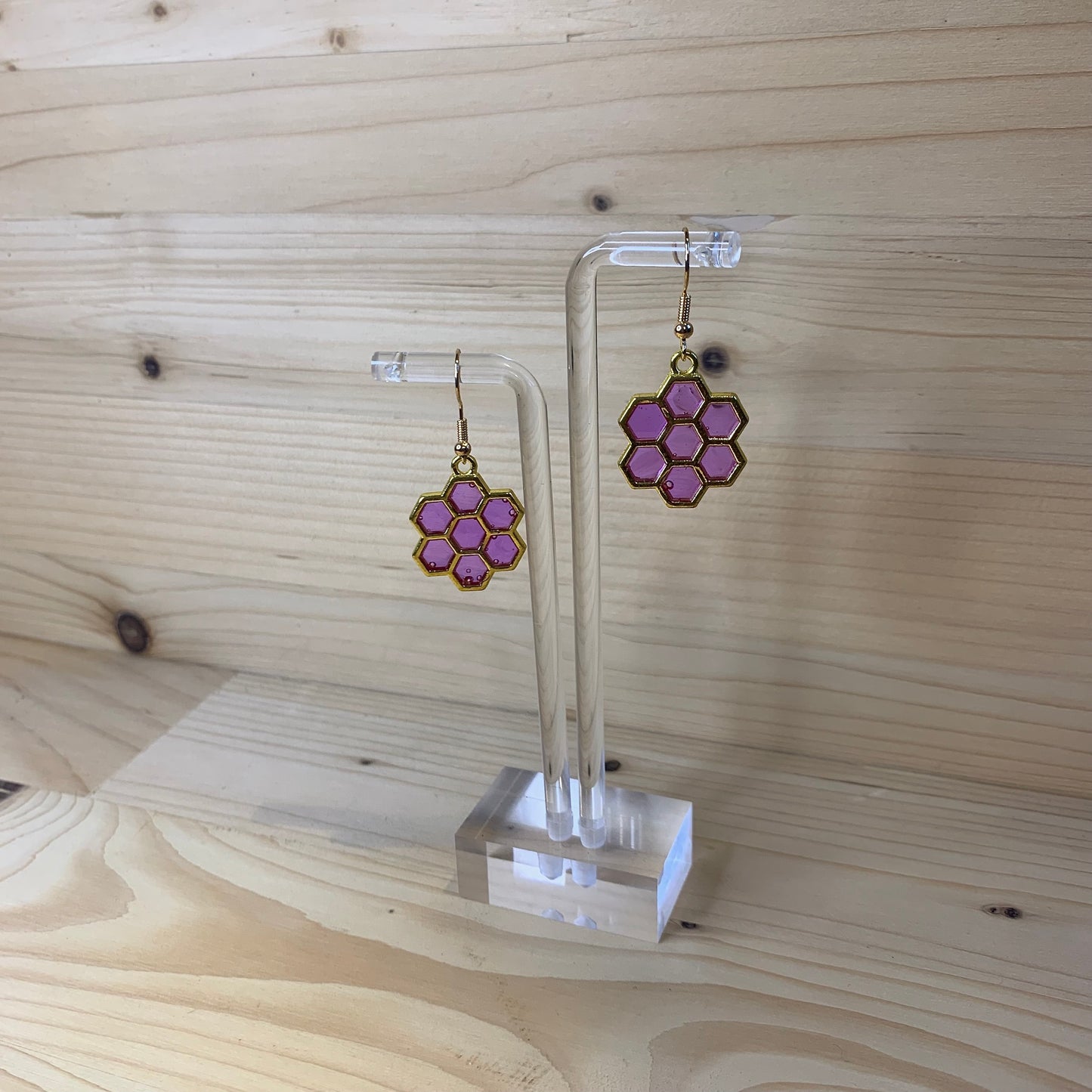 Six Gold Honeycomb Earrings - Light Purple