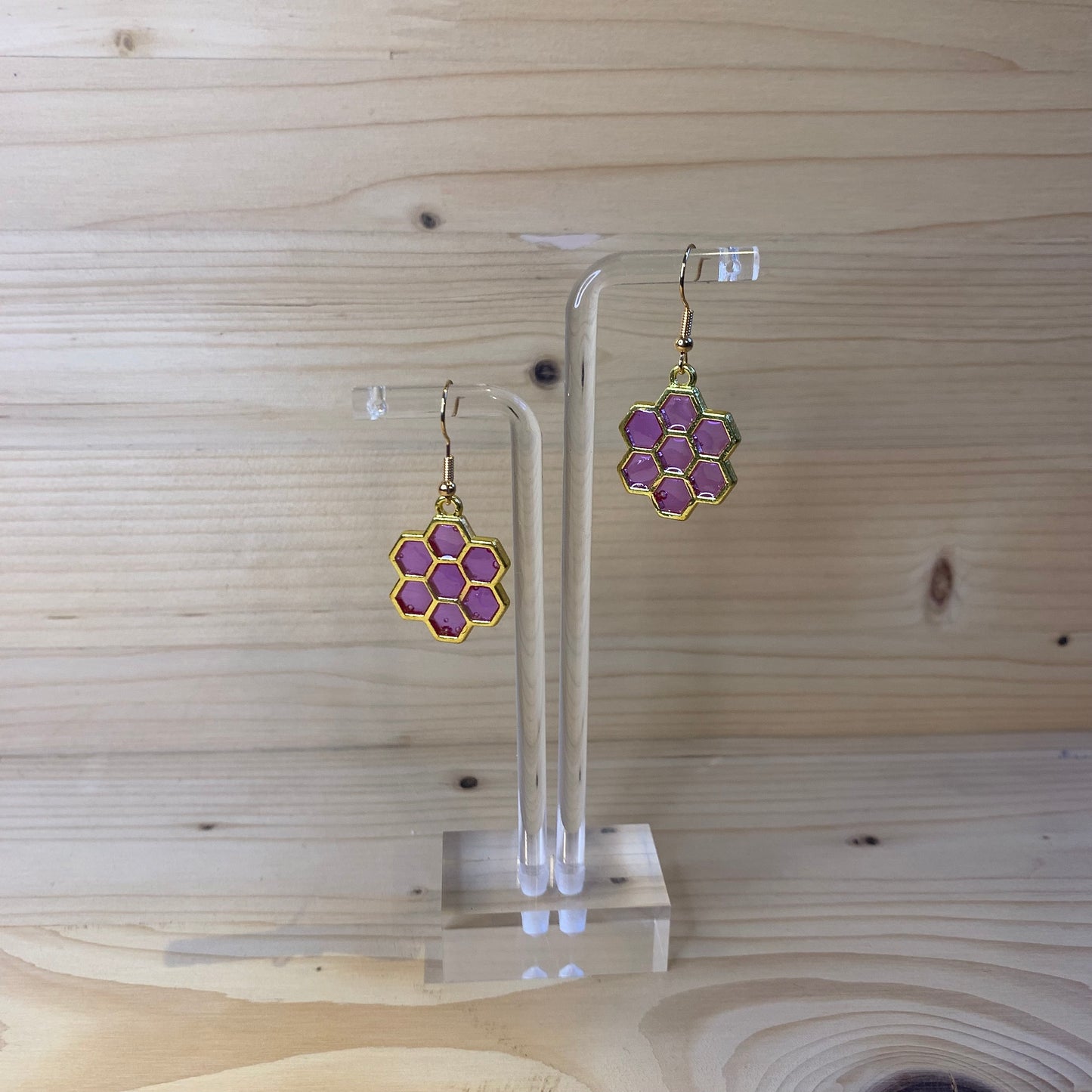 Six Gold Honeycomb Earrings - Light Purple