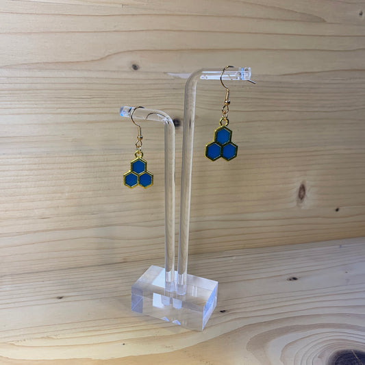 Three Gold Honeycomb Earrings  - Blue