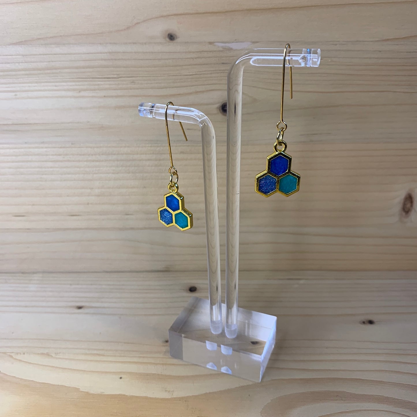 Three Gold Honeycomb Earrings  - Shades of Blue