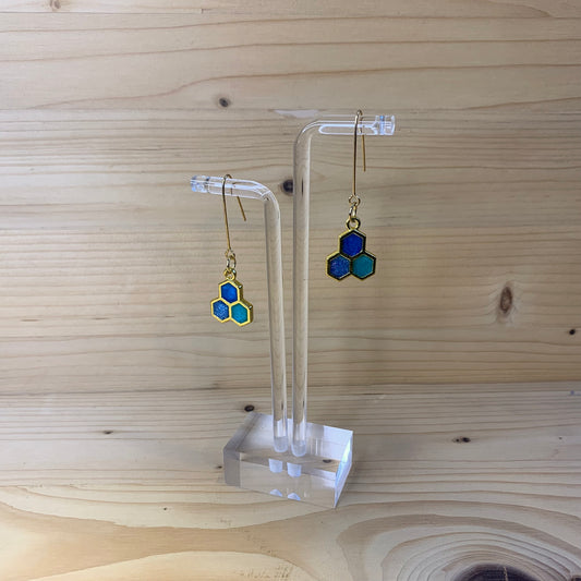 Three Gold Honeycomb Earrings  - Shades of Blue