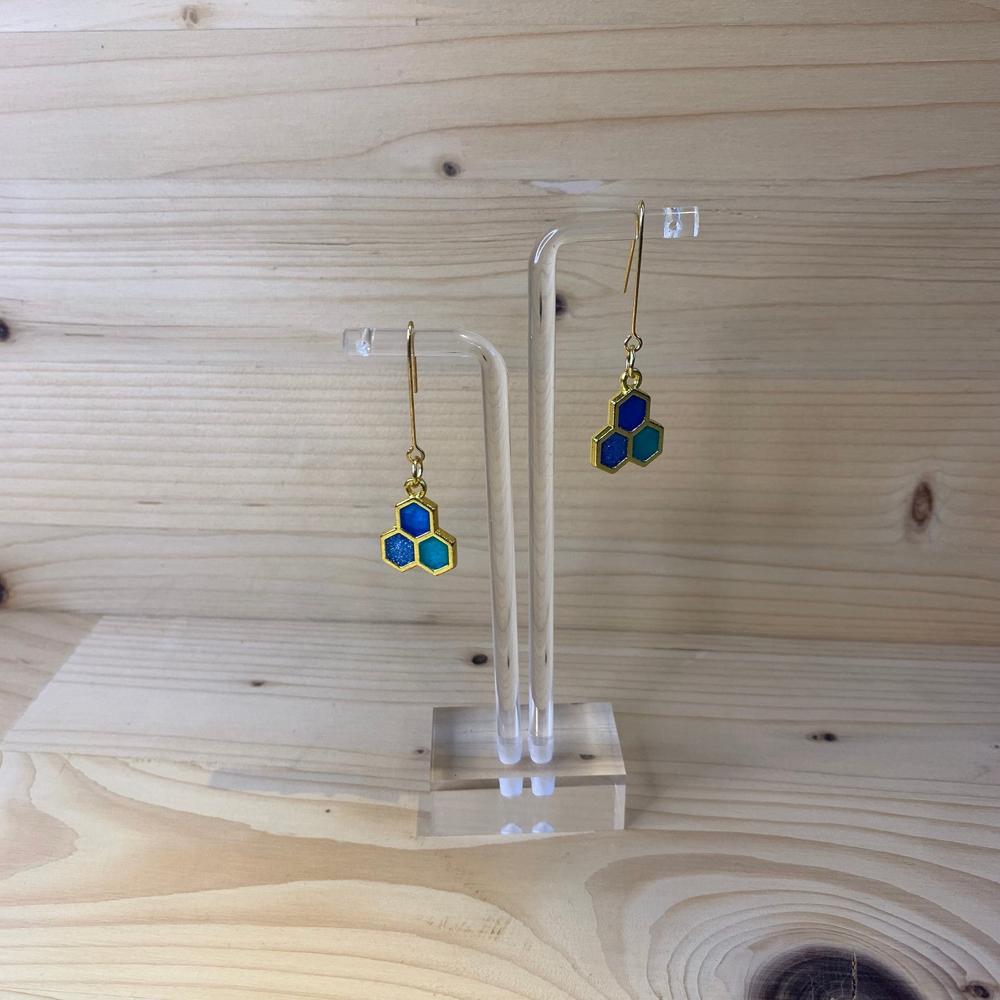 Three Gold Honeycomb Earrings  - Shades of Blue