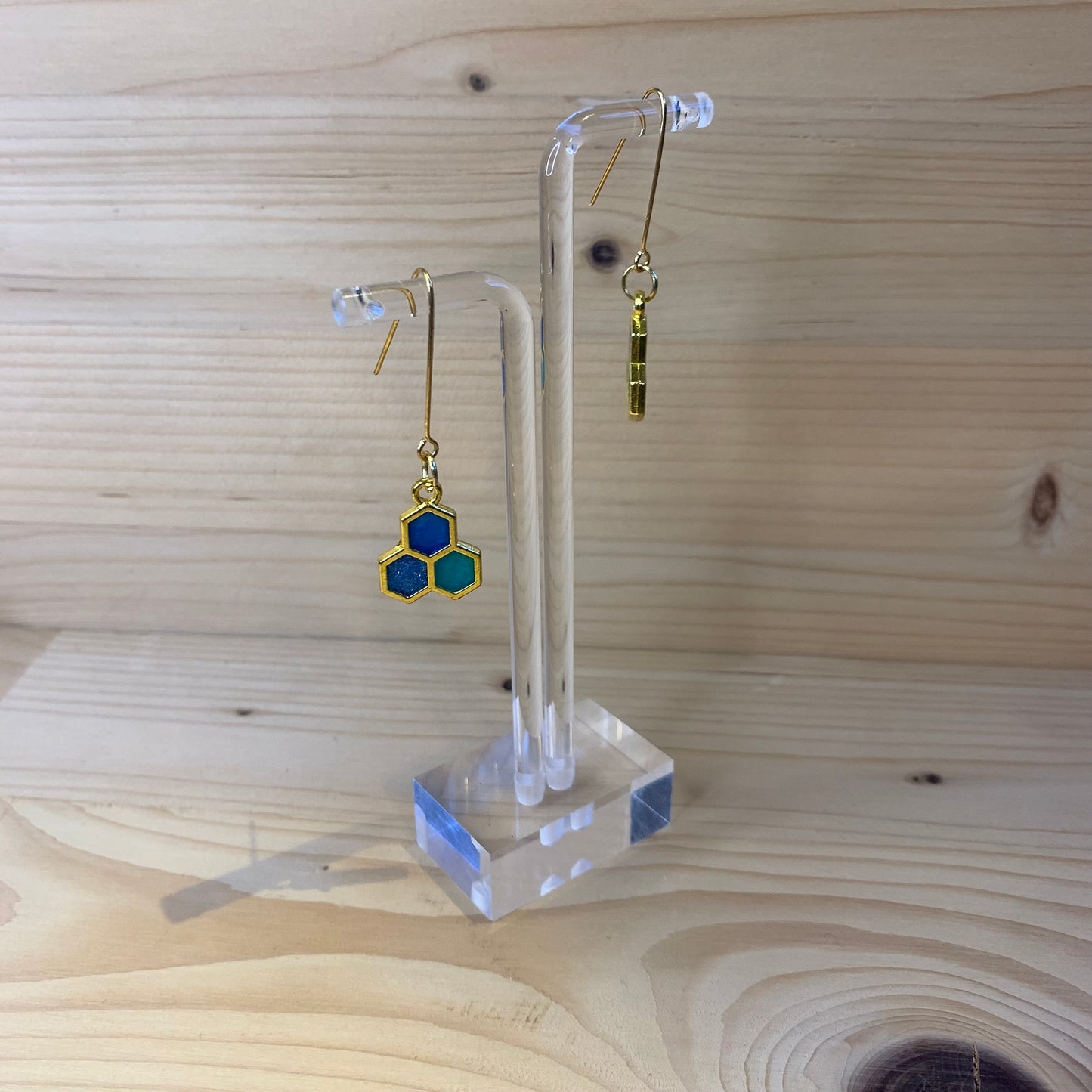 Three Gold Honeycomb Earrings  - Shades of Blue