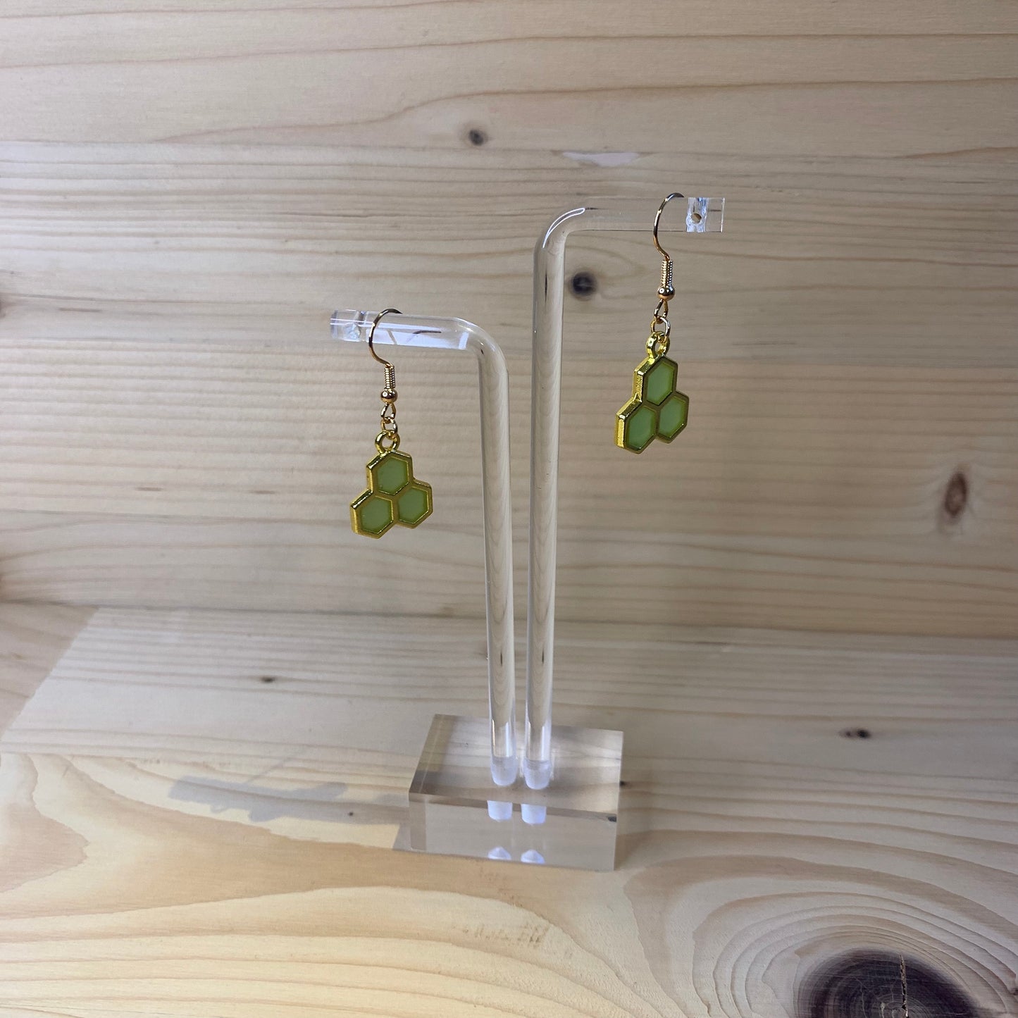 Three Gold Honeycomb Earrings  - Light Green