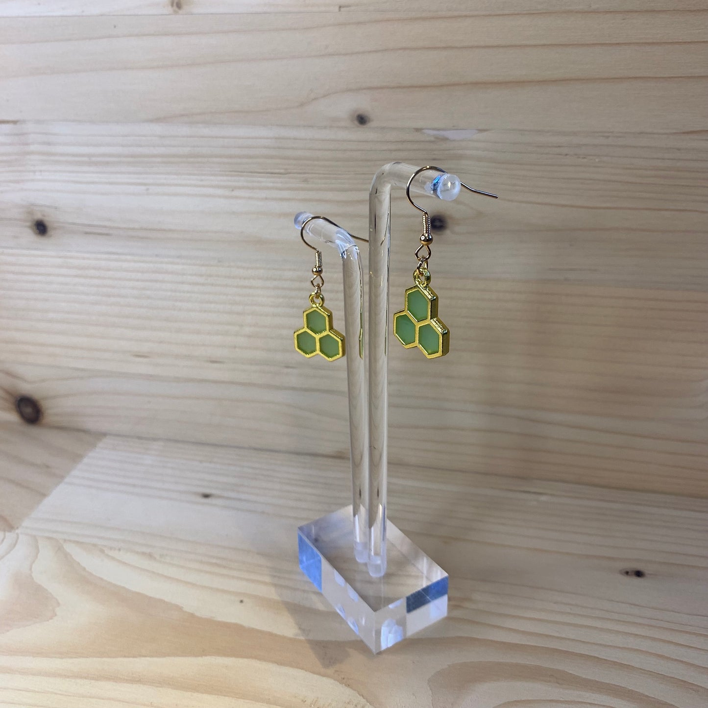 Three Gold Honeycomb Earrings  - Light Green