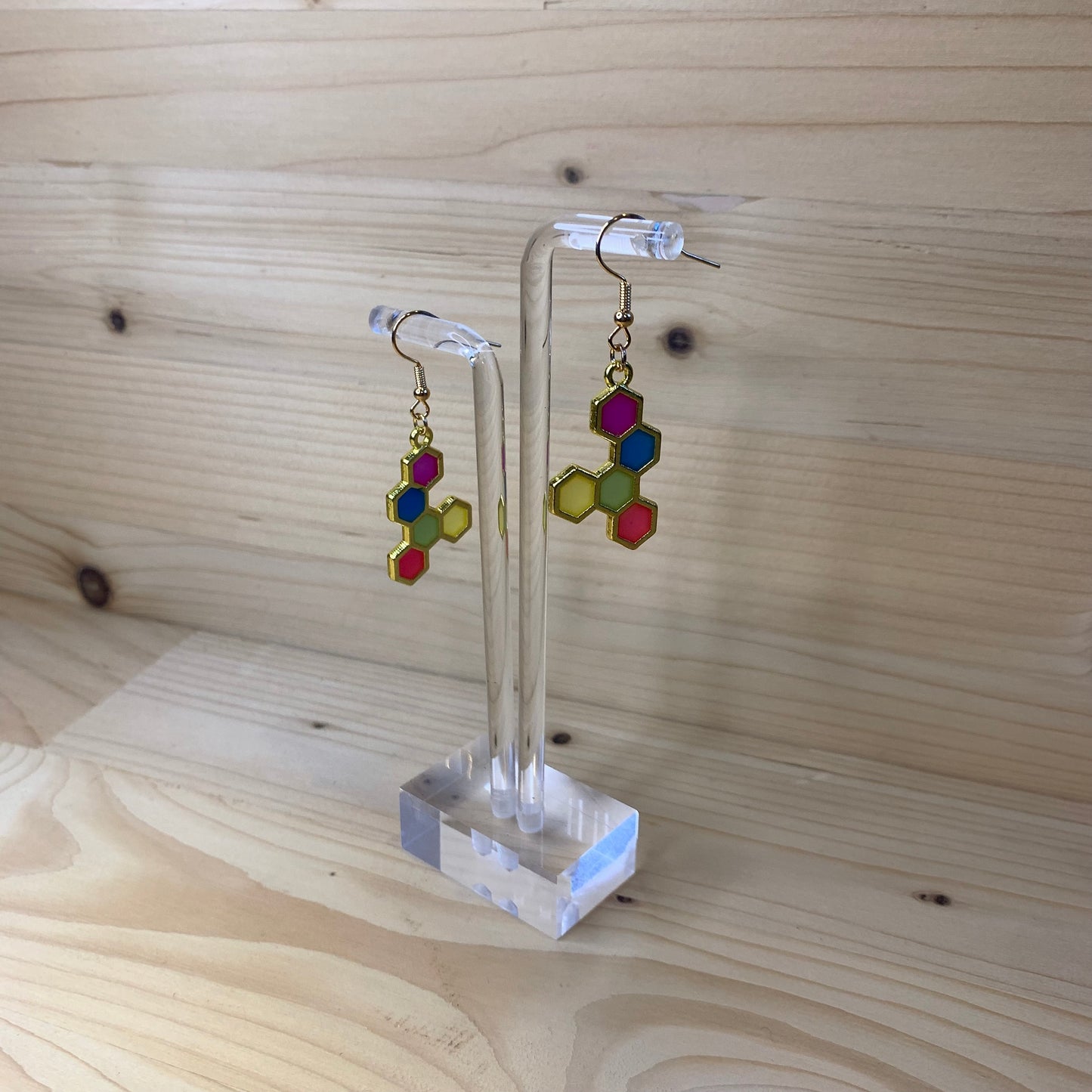 Five Gold Honeycomb Earrings - Multicolored