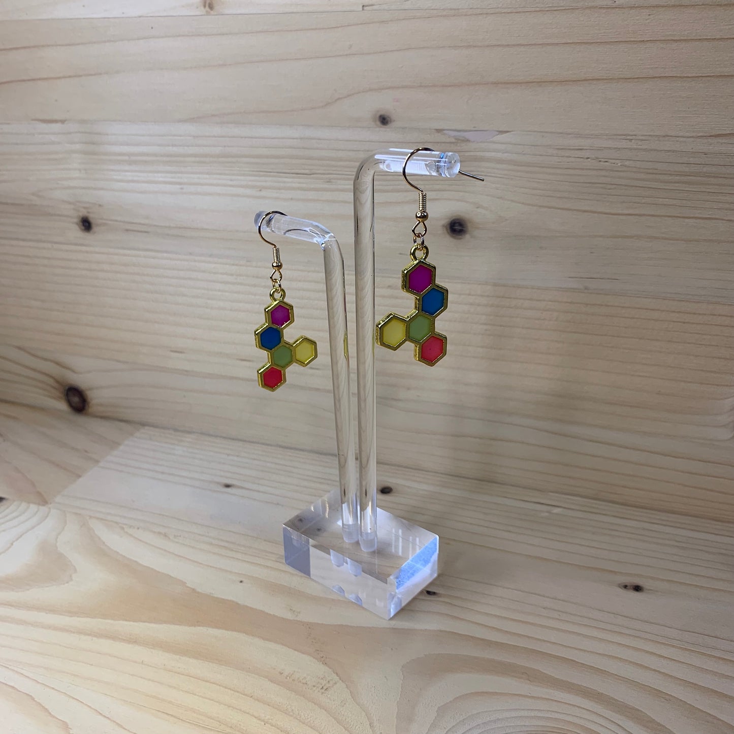 Five Gold Honeycomb Earrings - Multicolored