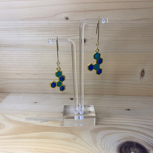 Five Gold Honeycomb Earrings - Shades of Blue