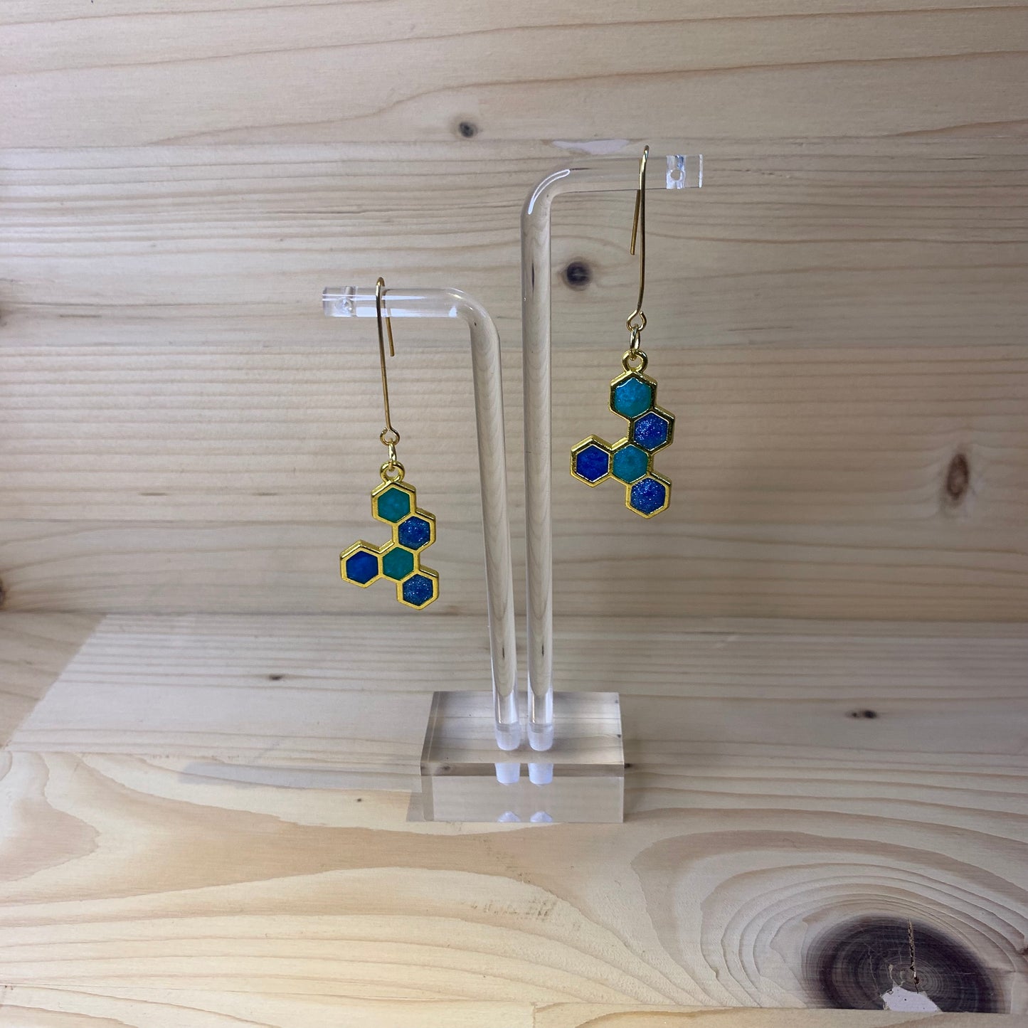 Five Gold Honeycomb Earrings - Shades of Blue