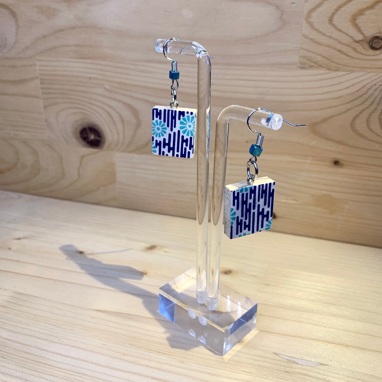 Scrabble Piece Earrings - Light Blue Flowers