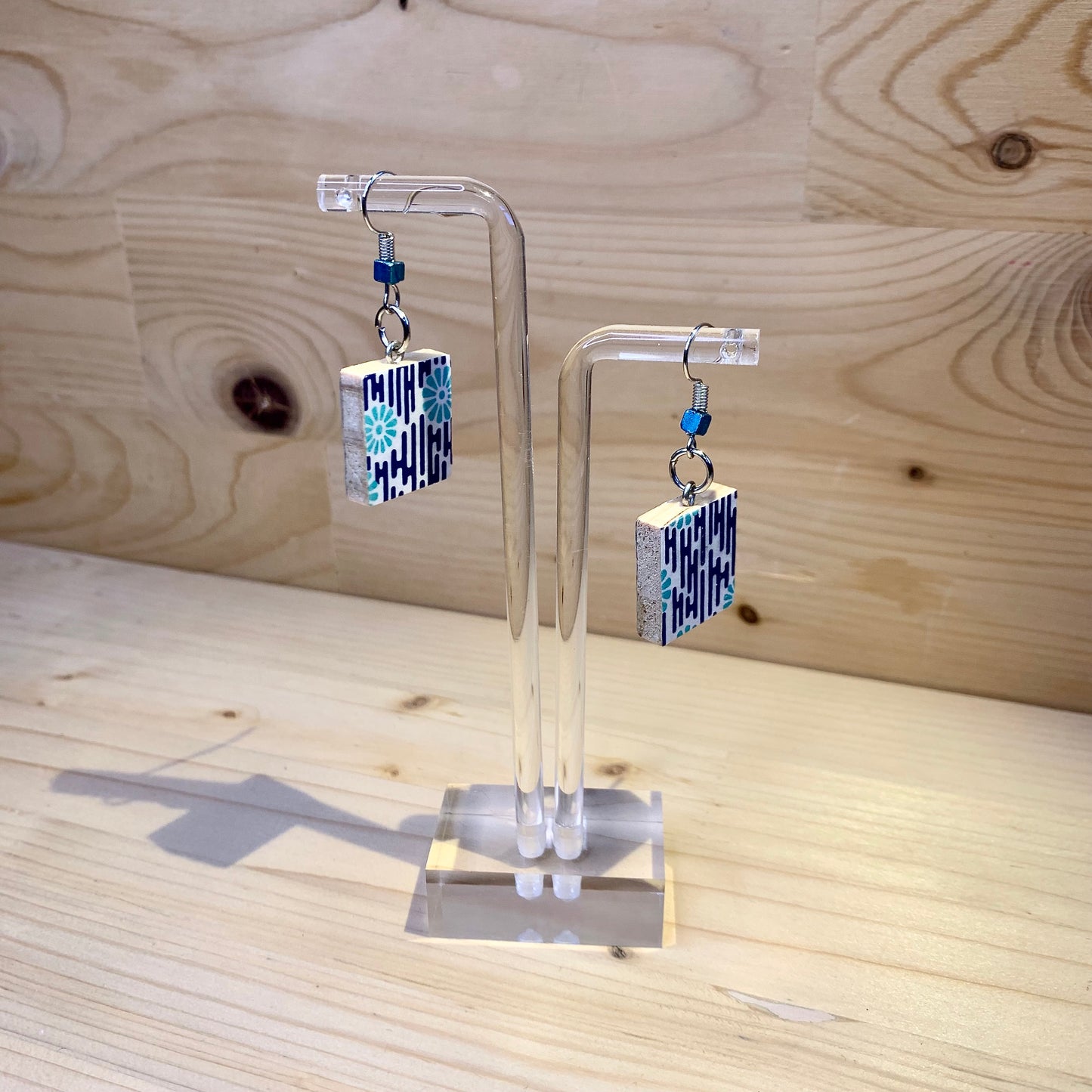 Scrabble Piece Earrings - Light Blue Flowers