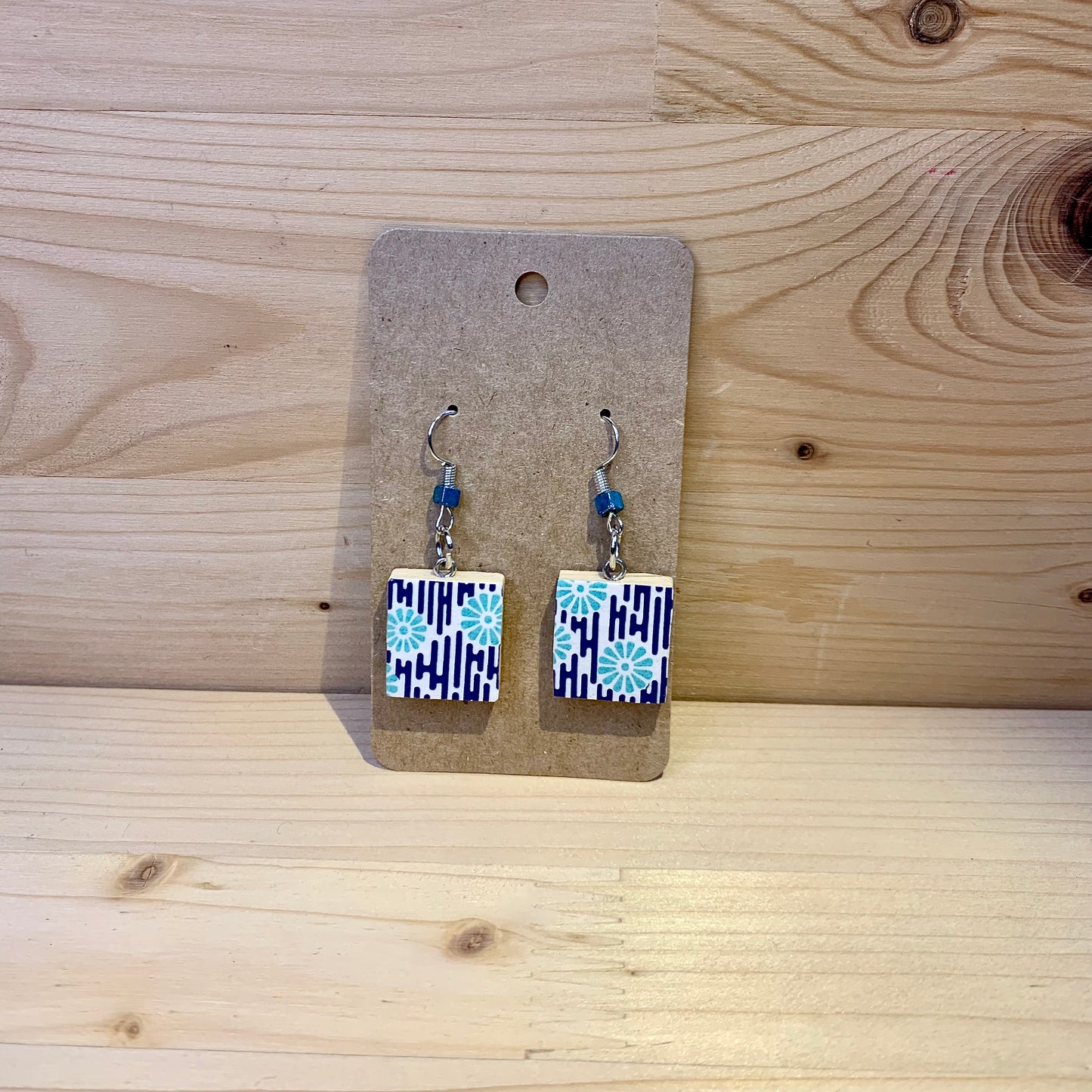 Scrabble Piece Earrings - Light Blue Flowers