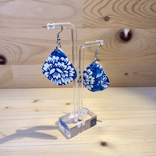 Wood Based Earrings - Blue & White Flowers